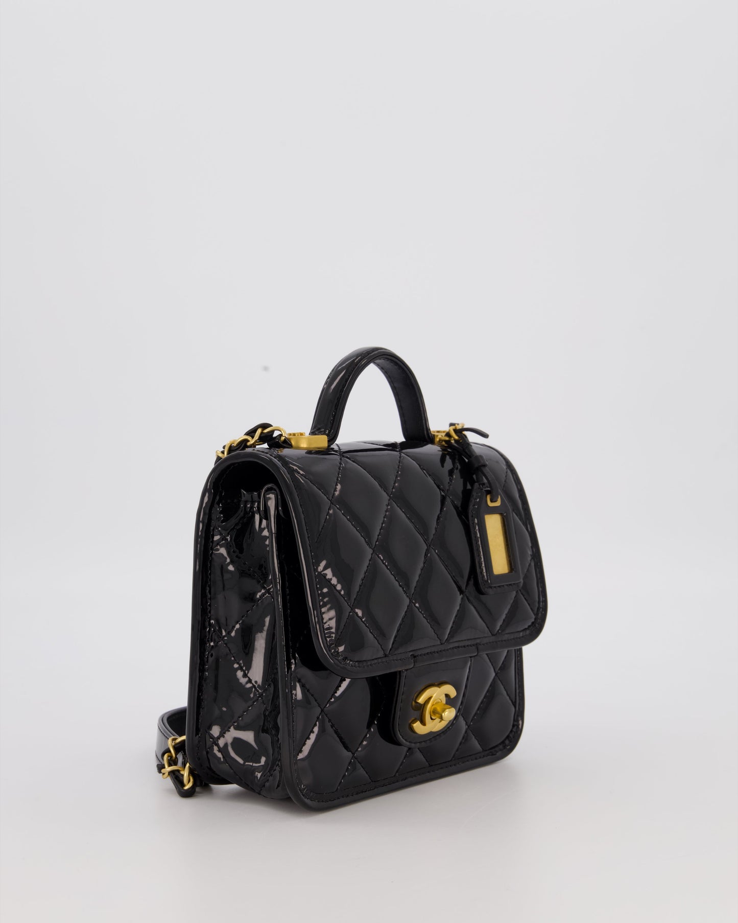 Chanel School Memory Square Top Handle Flap Bag in Black Patent Leather with Gold Hardware