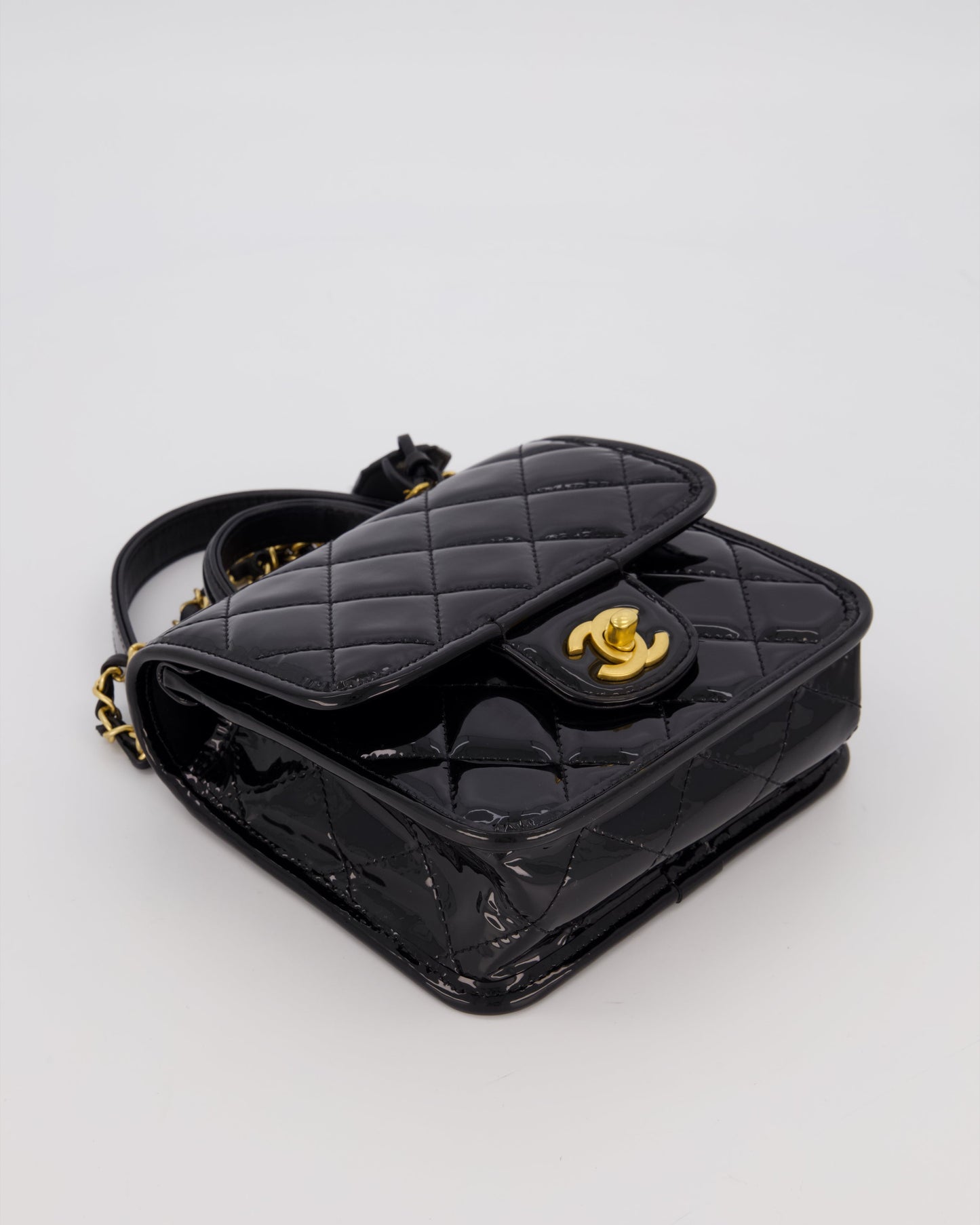 Chanel School Memory Square Top Handle Flap Bag in Black Patent Leather with Gold Hardware