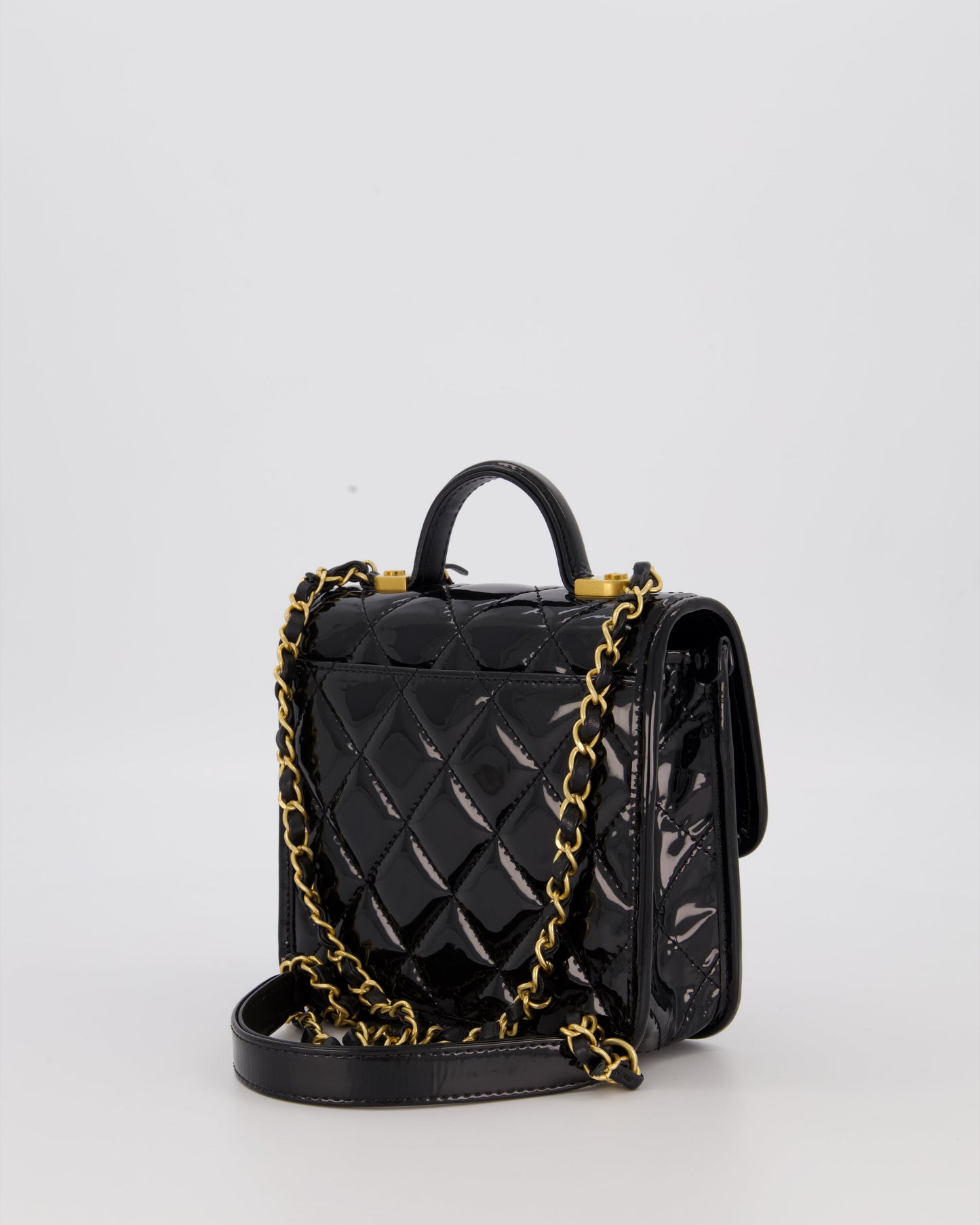 Chanel School Memory Square Top Handle Flap Bag in Black Patent Leather with Gold Hardware