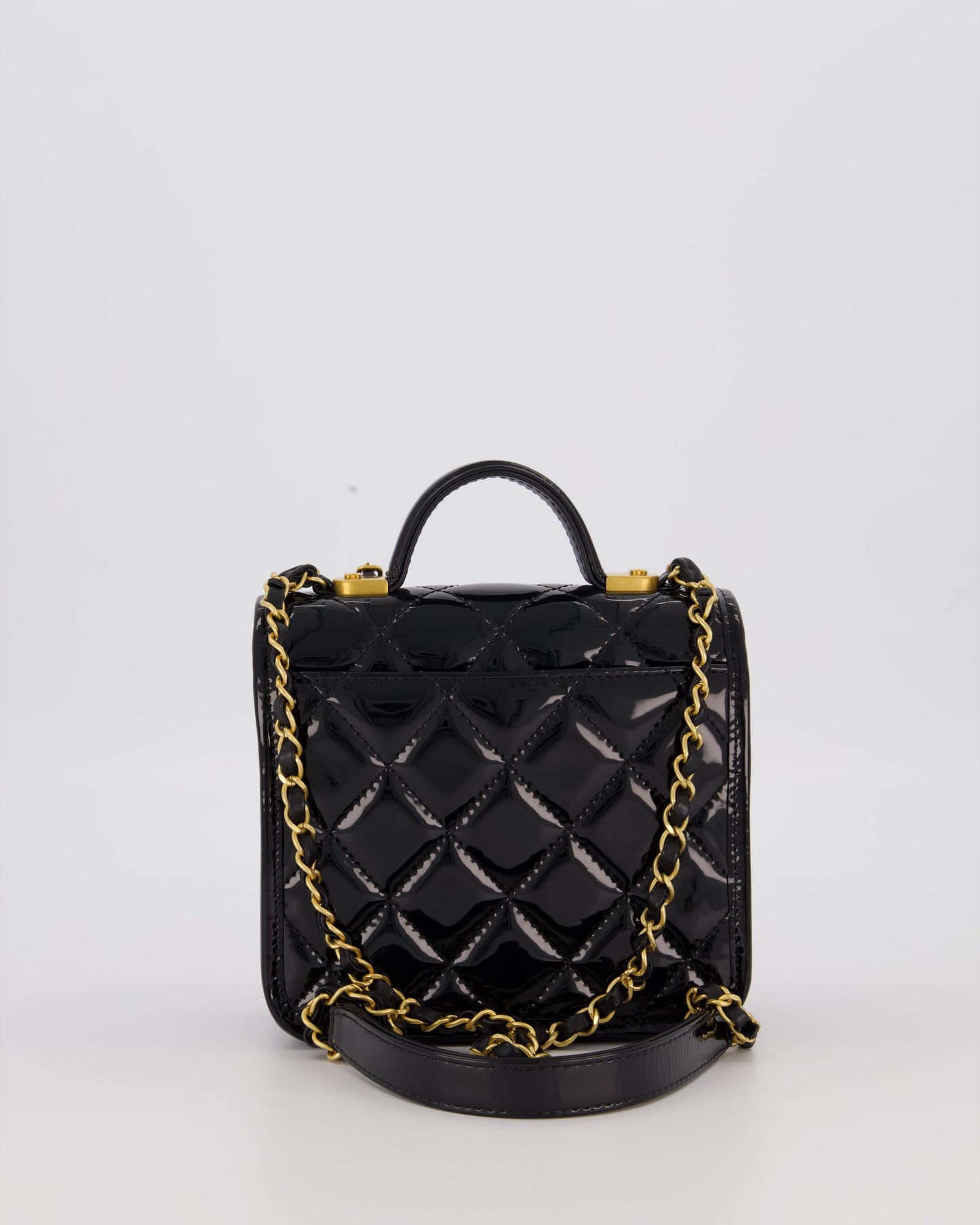 Chanel School Memory Square Top Handle Flap Bag in Black Patent Leather with Gold Hardware