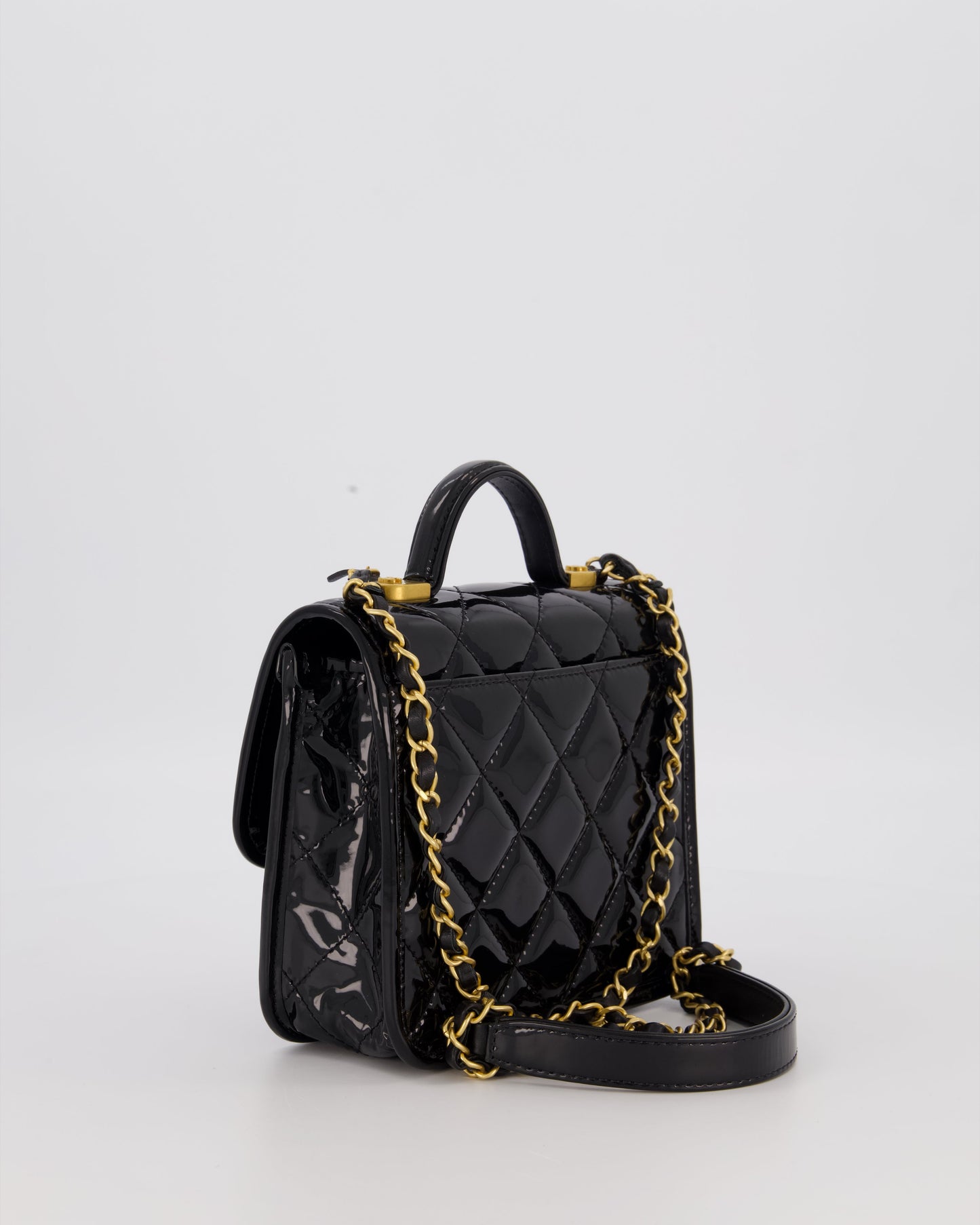 Chanel School Memory Square Top Handle Flap Bag in Black Patent Leather with Gold Hardware