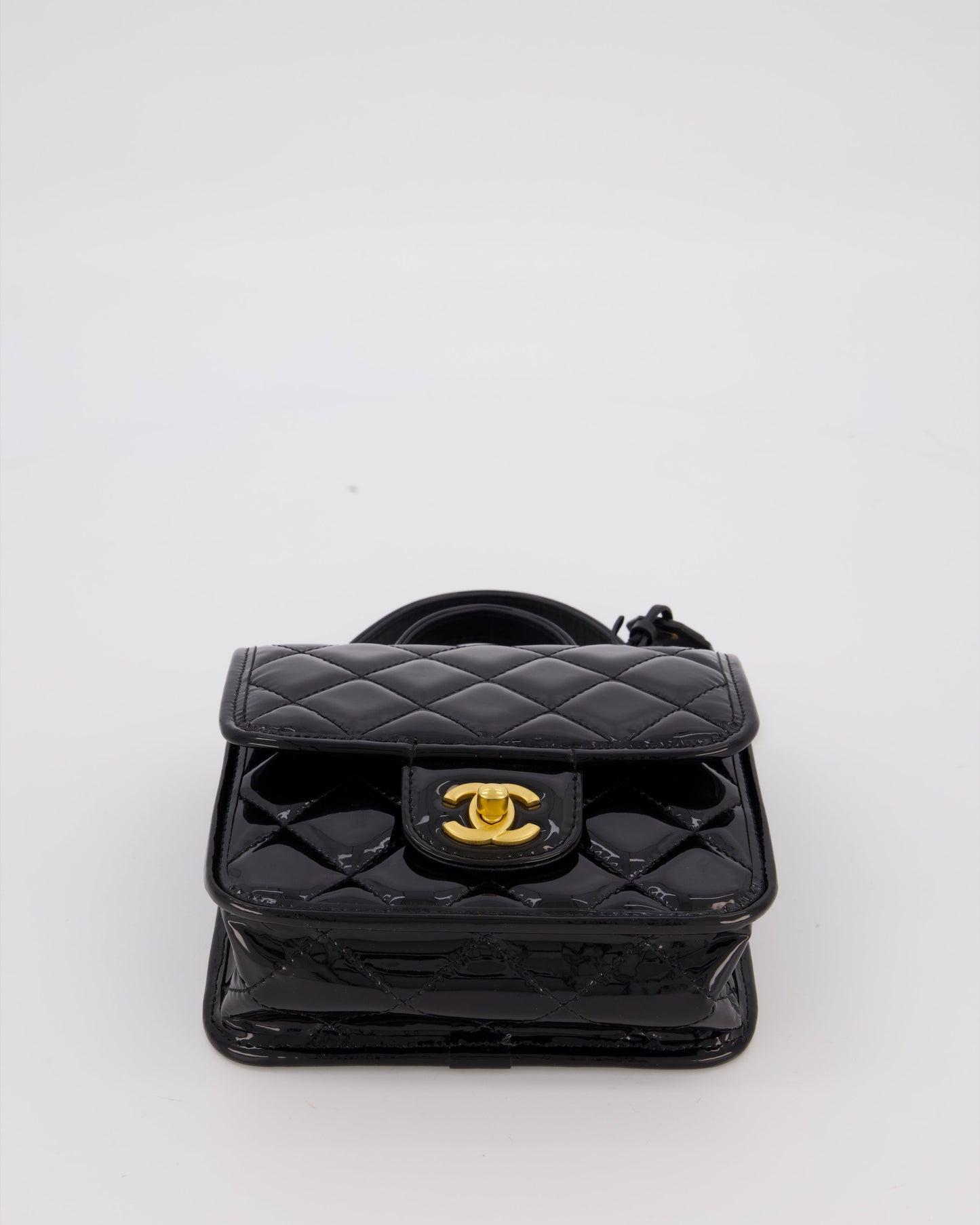 Chanel School Memory Square Top Handle Flap Bag in Black Patent Leather with Gold Hardware