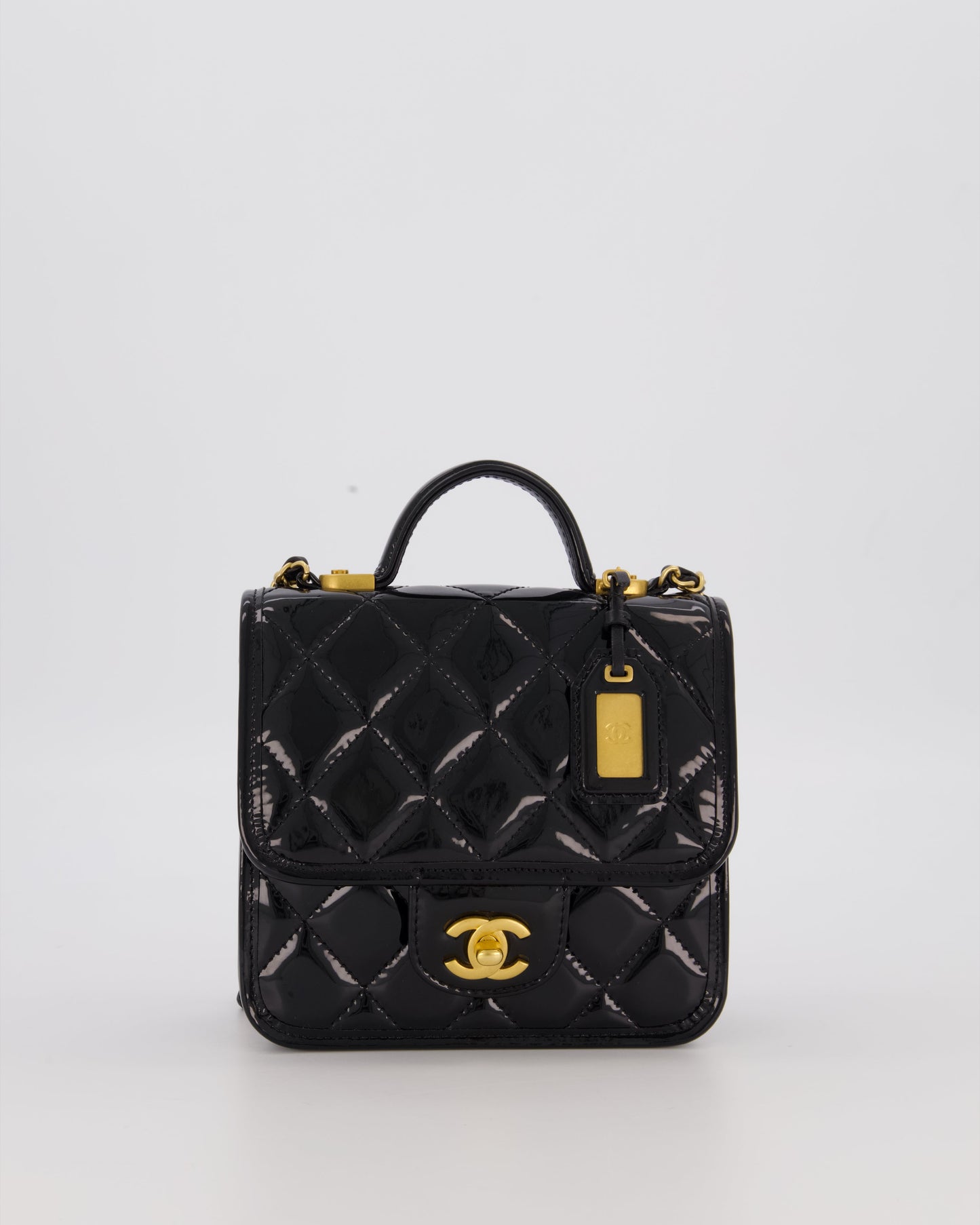 Chanel School Memory Square Top Handle Flap Bag in Black Patent Leather with Gold Hardware