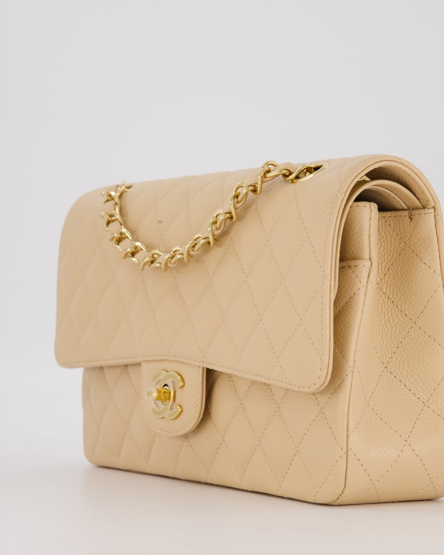 Chanel Beige Classic Medium Double Flap Bag in Caviar Leather with Gold Hardware