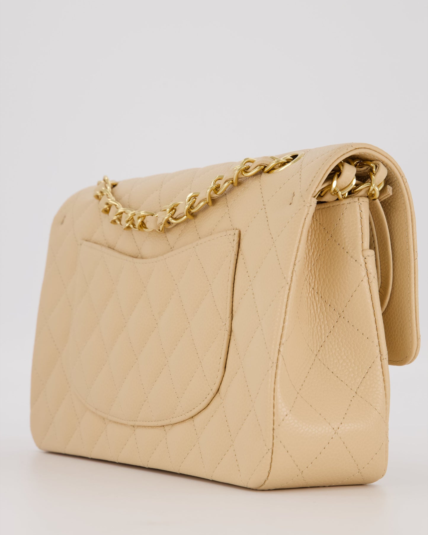 Chanel Beige Classic Medium Double Flap Bag in Caviar Leather with Gold Hardware