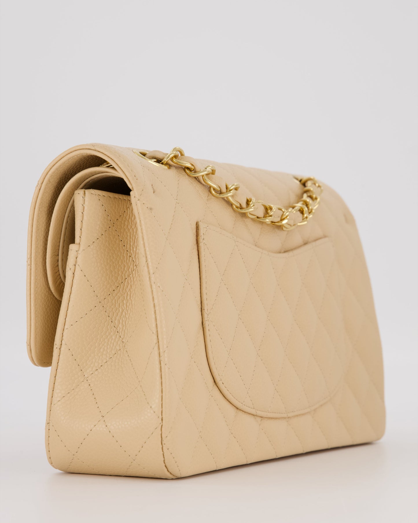 Chanel Beige Classic Medium Double Flap Bag in Caviar Leather with Gold Hardware