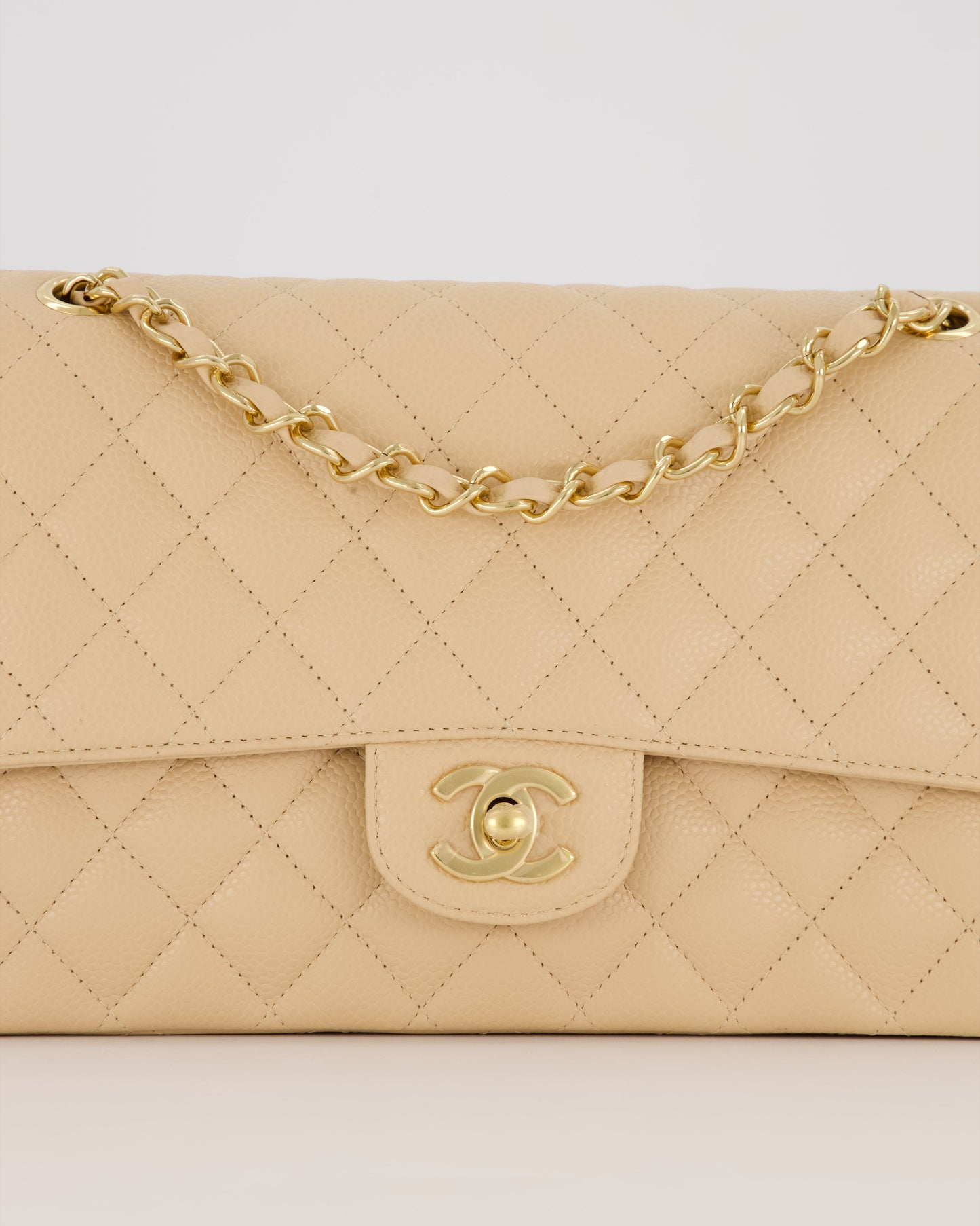 Chanel Beige Classic Medium Double Flap Bag in Caviar Leather with Gold Hardware