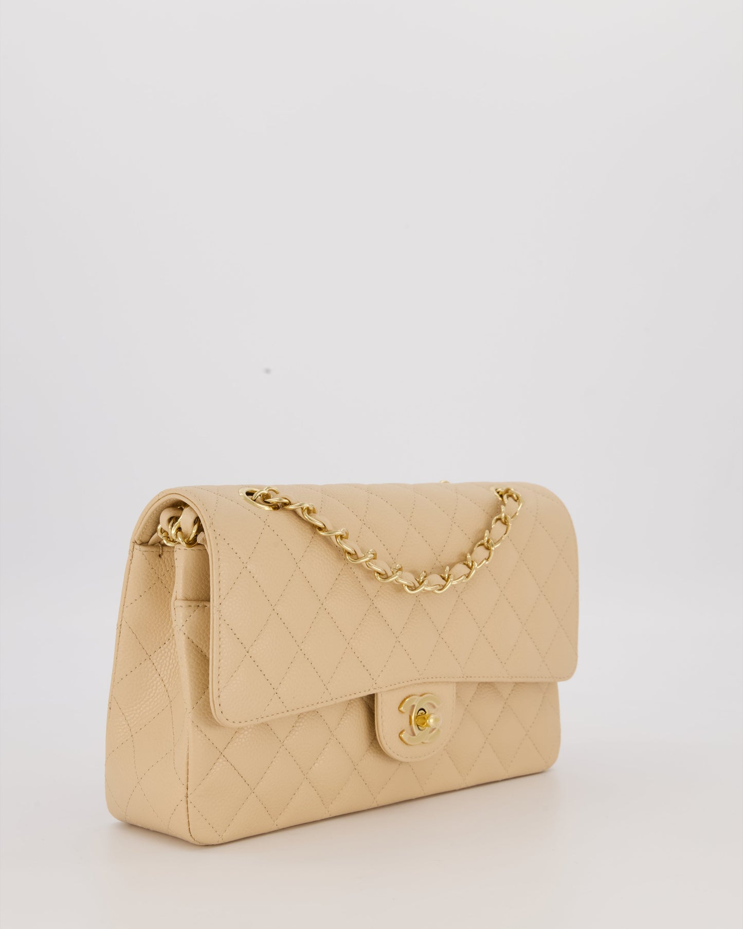 Chanel Beige Classic Medium Double Flap Bag in Caviar Leather with Gold Hardware