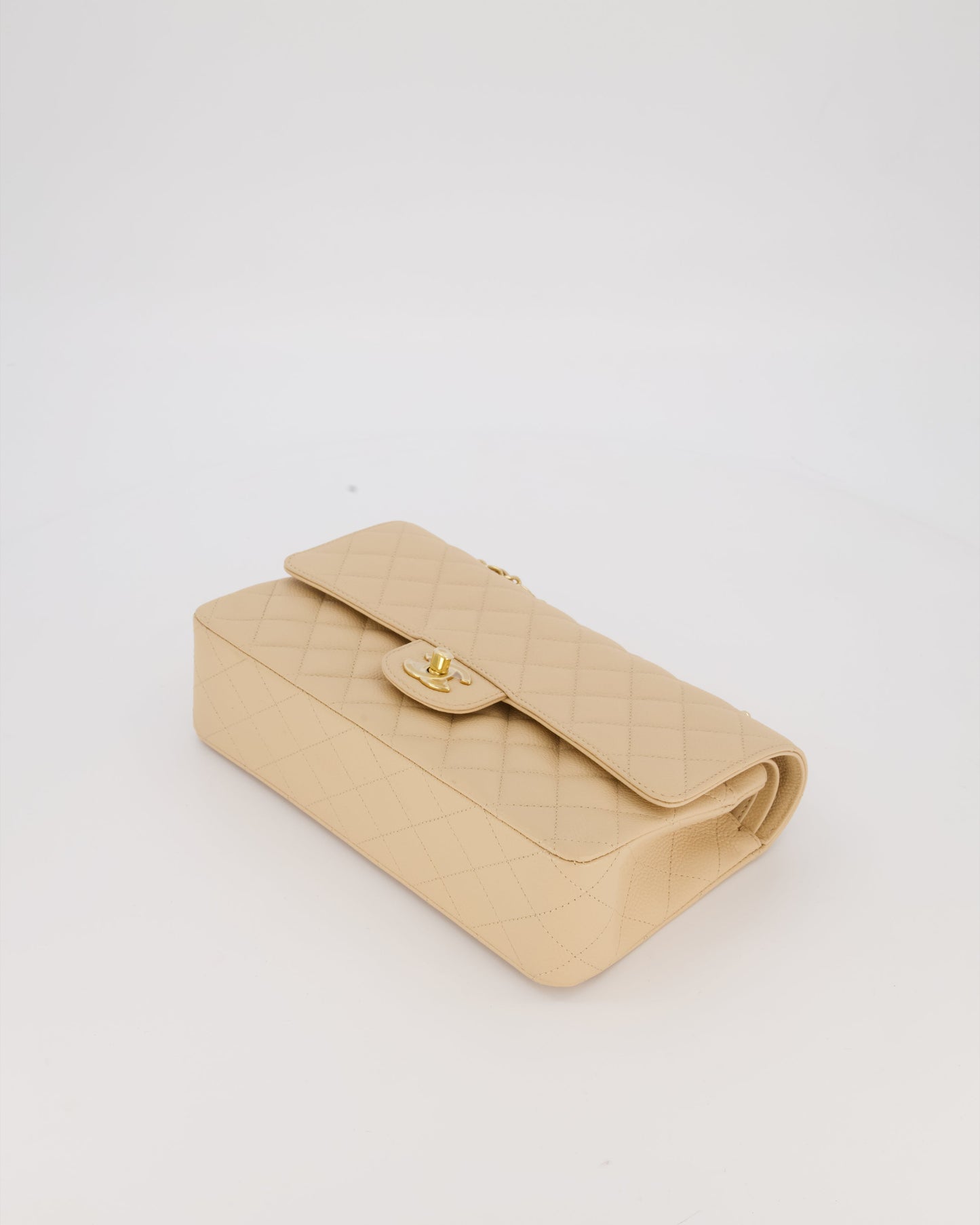 Chanel Beige Classic Medium Double Flap Bag in Caviar Leather with Gold Hardware