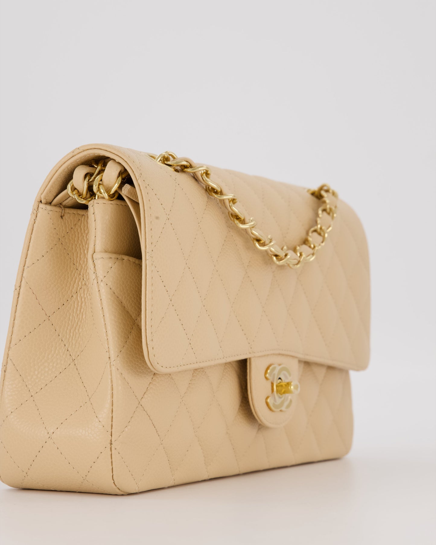 Chanel Beige Classic Medium Double Flap Bag in Caviar Leather with Gold Hardware