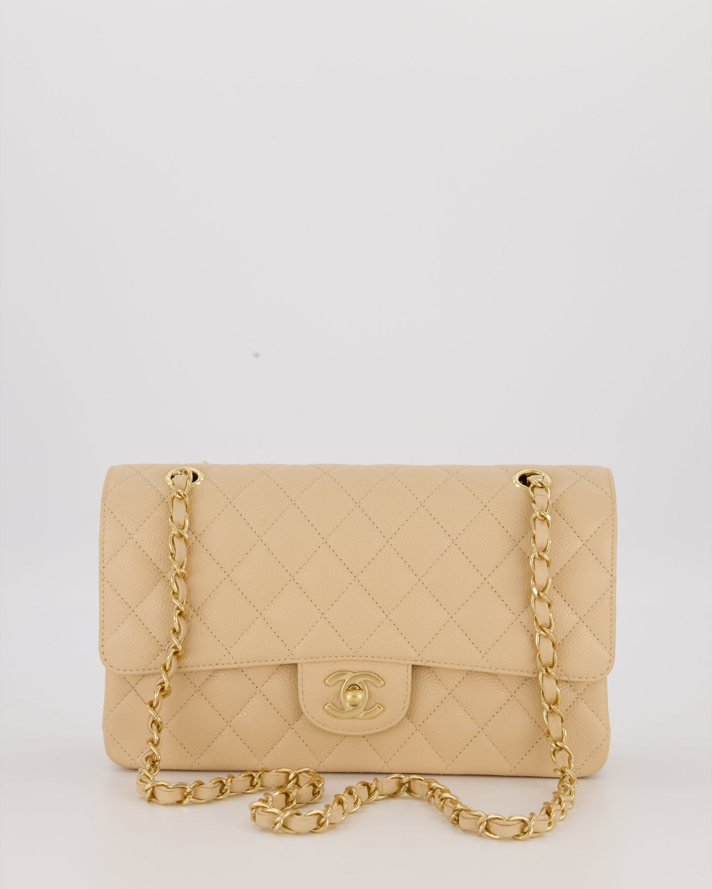 Chanel Beige Classic Medium Double Flap Bag in Caviar Leather with Gold Hardware