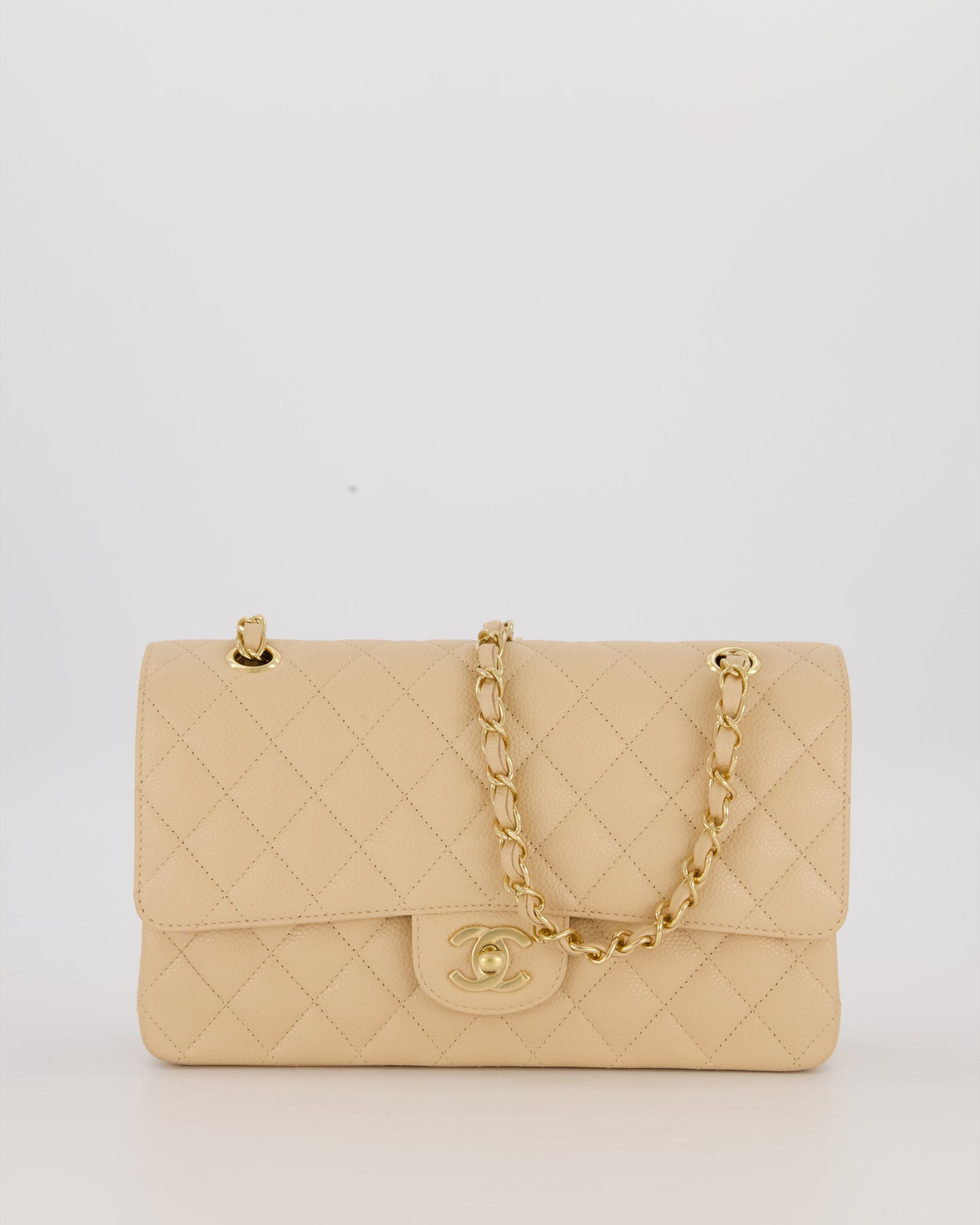 Chanel Beige Classic Medium Double Flap Bag in Caviar Leather with Gold Hardware