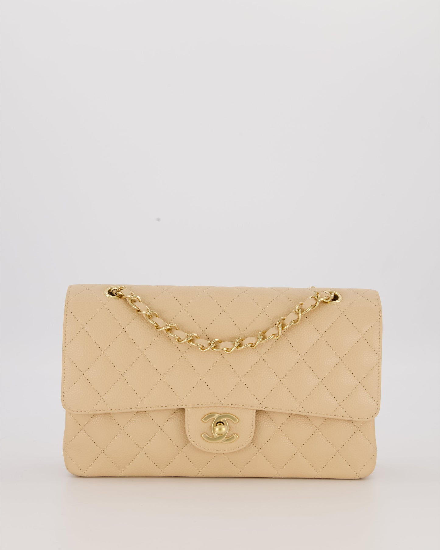 Chanel Beige Classic Medium Double Flap Bag in Caviar Leather with Gold Hardware
