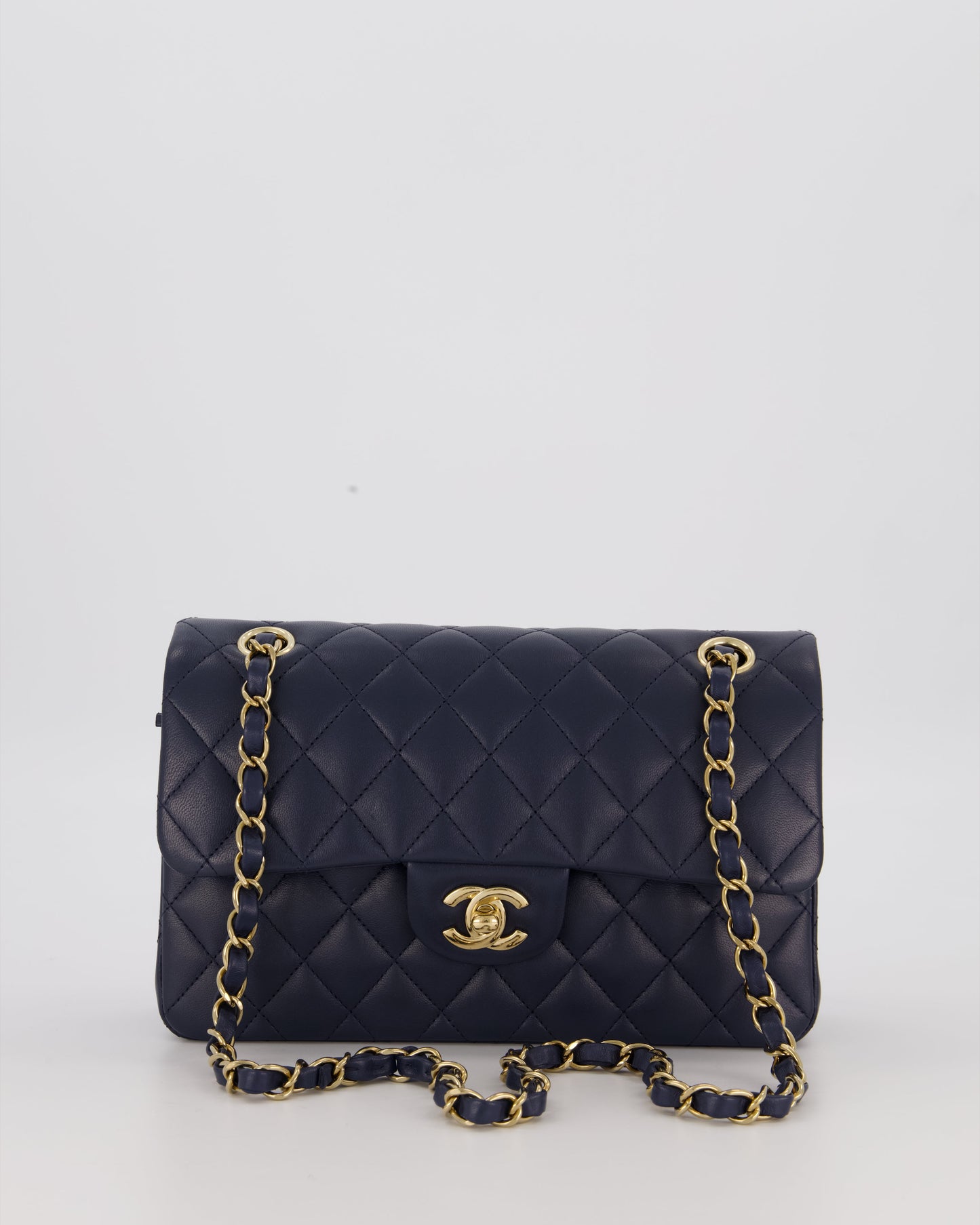 Chanel Navy Small Classic Double Flap Bag in Lambskin Leather with Champagne Gold Hardware
