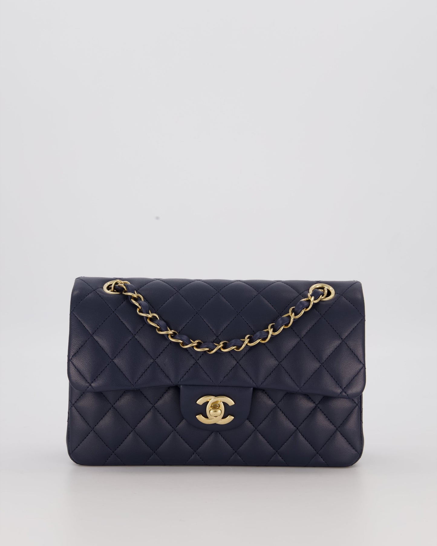 Chanel Navy Small Classic Double Flap Bag in Lambskin Leather with Champagne Gold Hardware