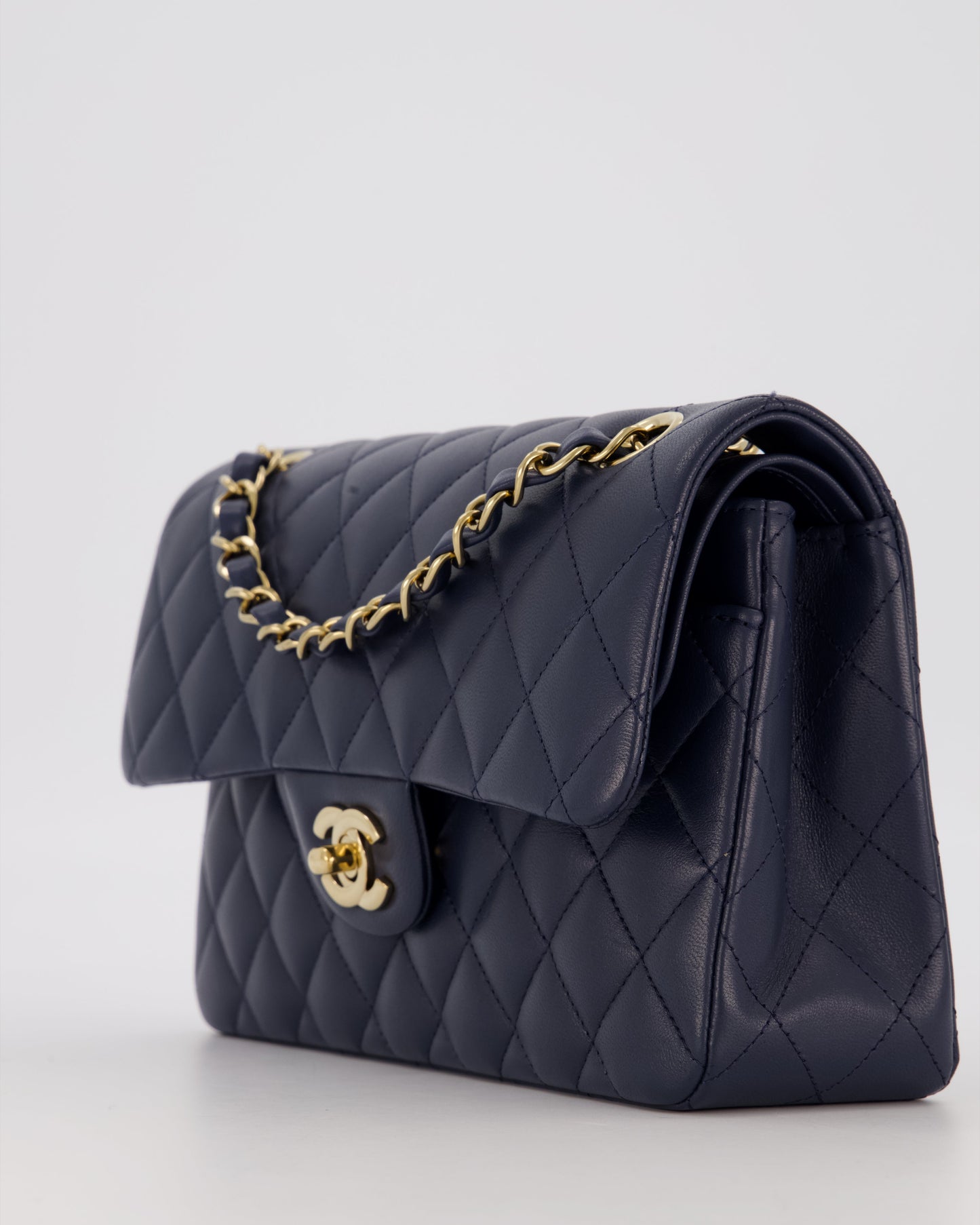 Chanel Navy Small Classic Double Flap Bag in Lambskin Leather with Champagne Gold Hardware