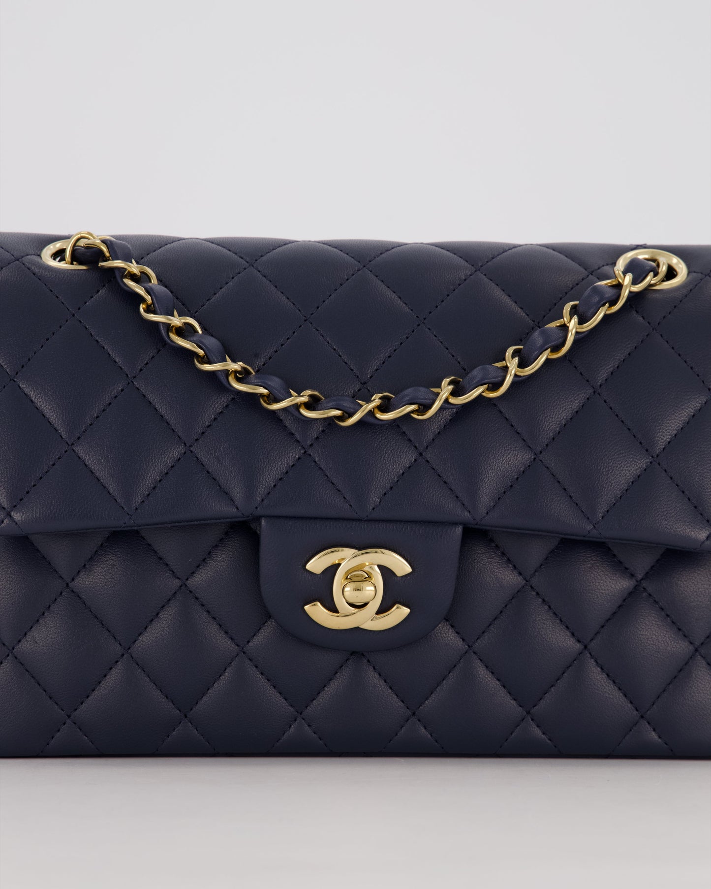 Chanel Navy Small Classic Double Flap Bag in Lambskin Leather with Champagne Gold Hardware
