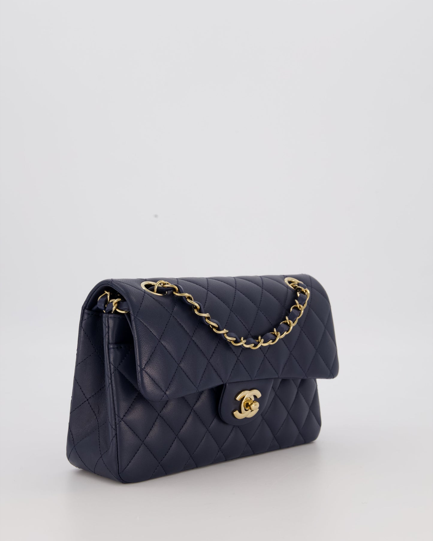 Chanel Navy Small Classic Double Flap Bag in Lambskin Leather with Champagne Gold Hardware