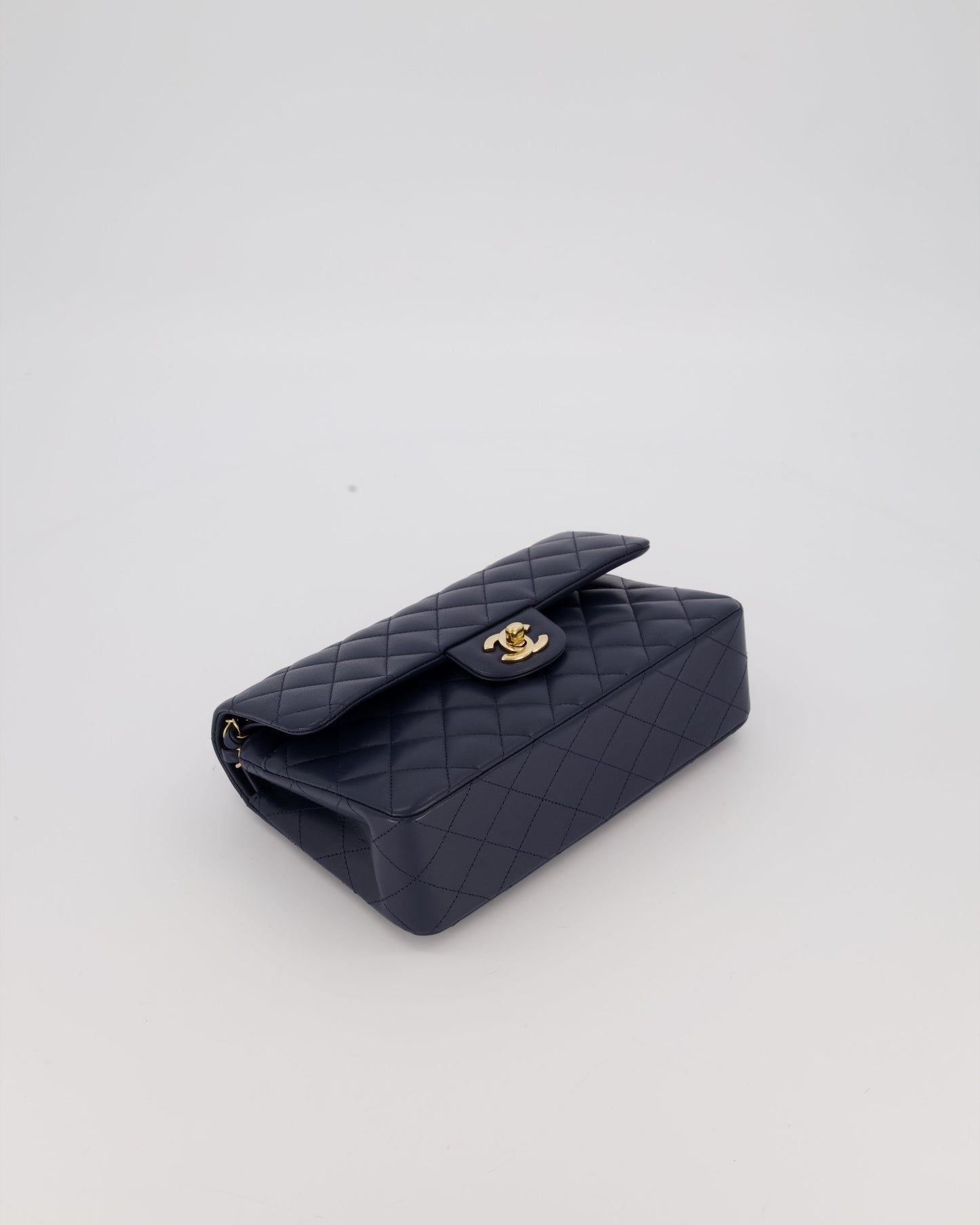 Chanel Navy Small Classic Double Flap Bag in Lambskin Leather with Champagne Gold Hardware