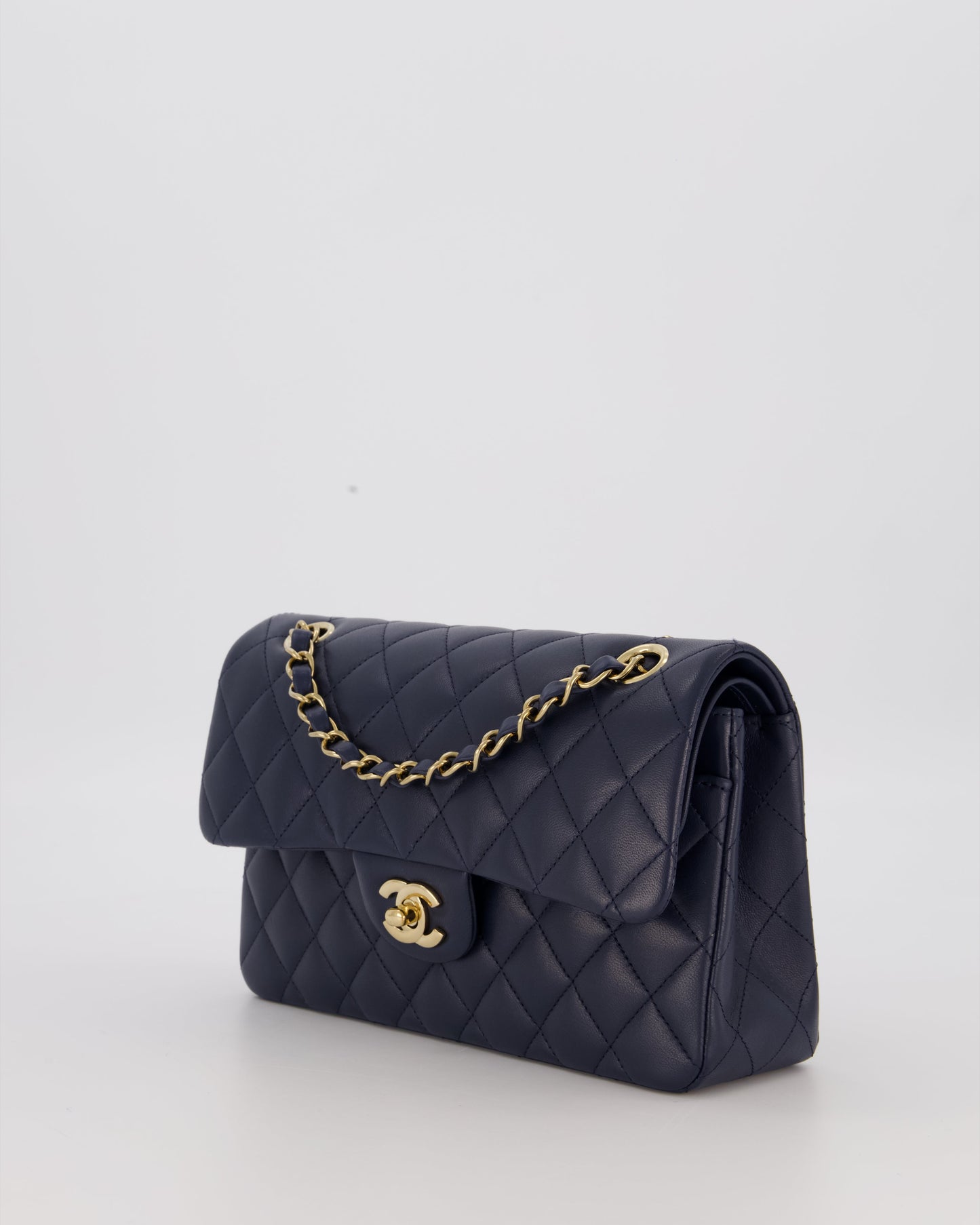 Chanel Navy Small Classic Double Flap Bag in Lambskin Leather with Champagne Gold Hardware