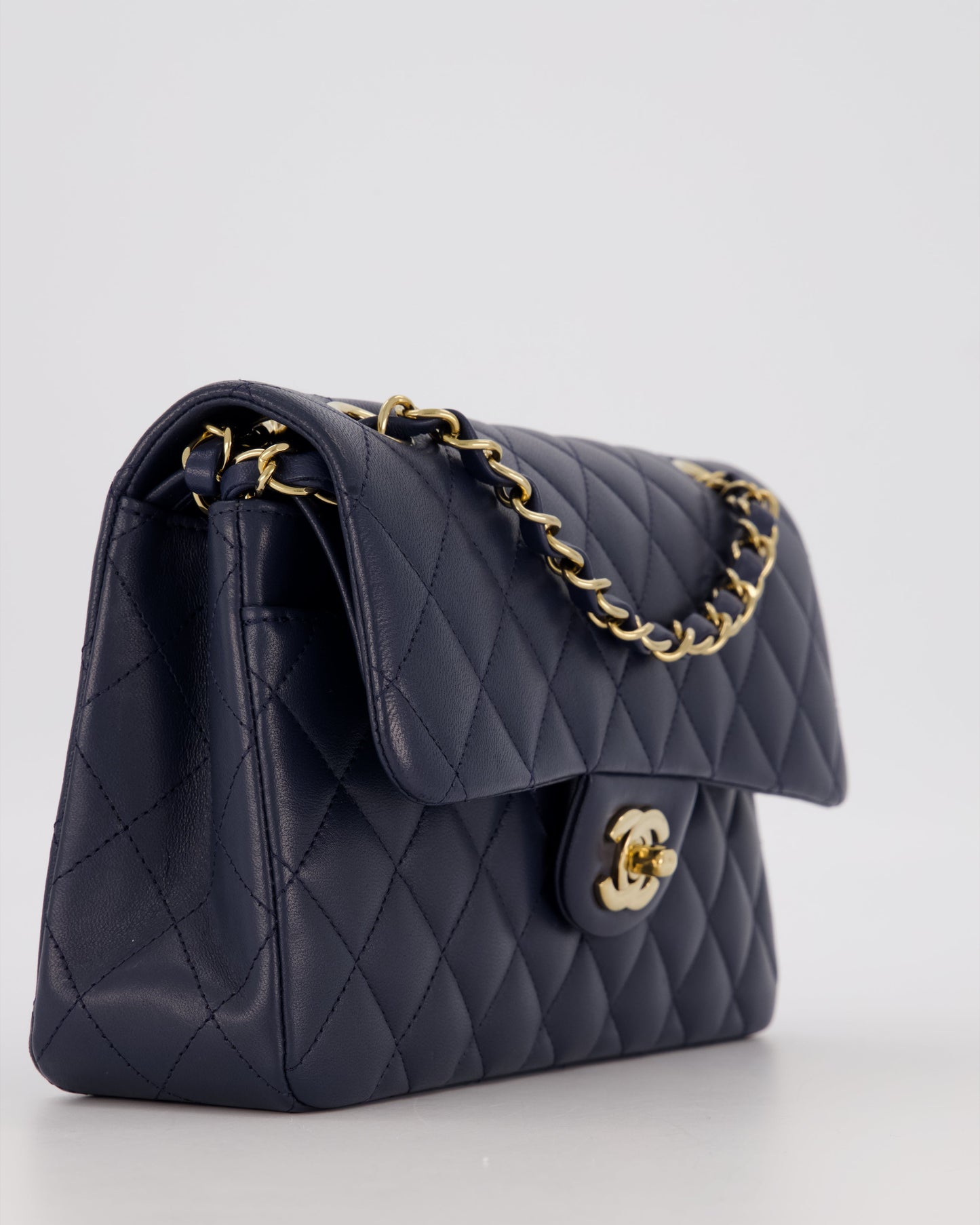 Chanel Navy Small Classic Double Flap Bag in Lambskin Leather with Champagne Gold Hardware