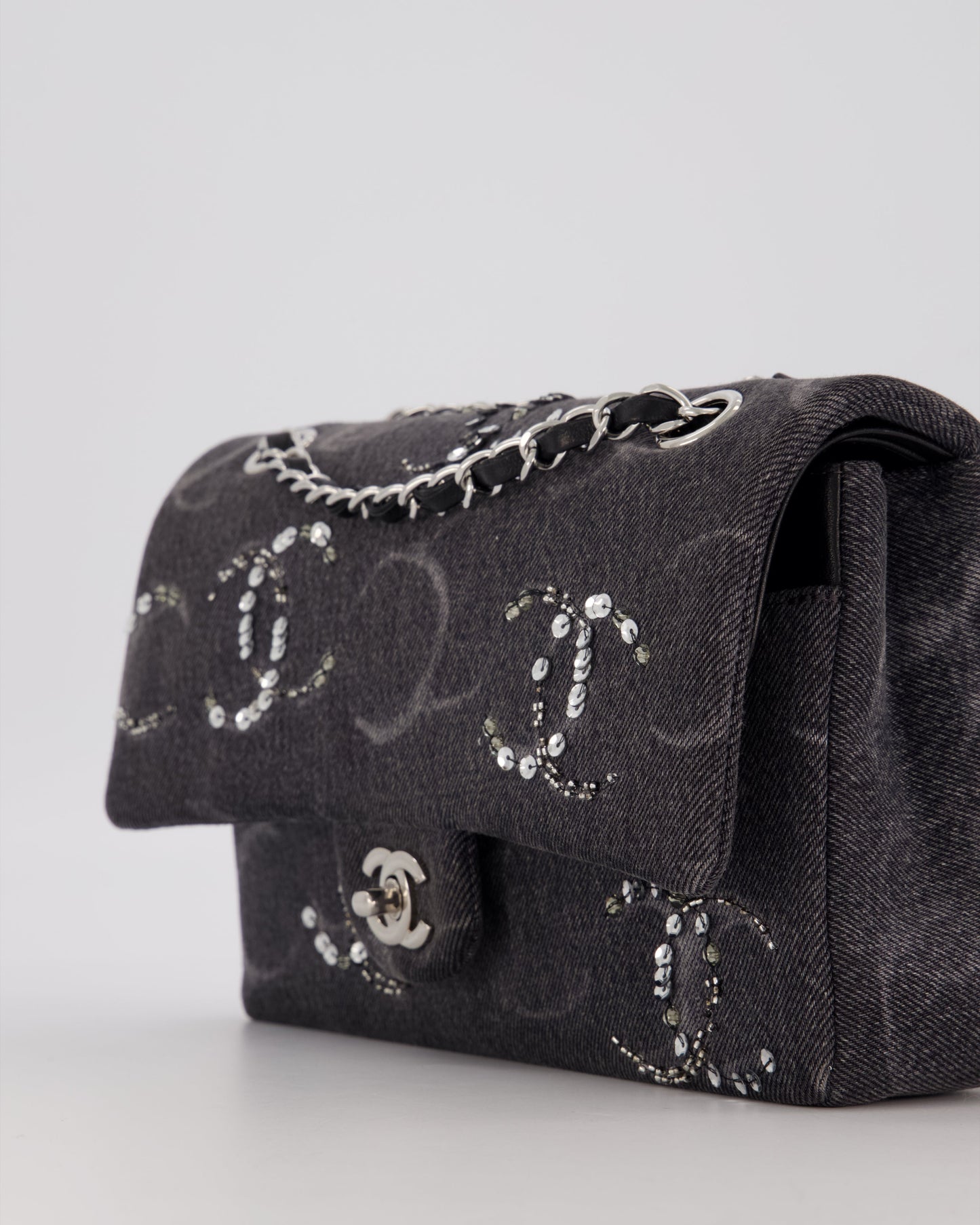 Chanel Denim Charcoal Medium Double Flap Bag with Silver Hardware and Sequin CC Detail