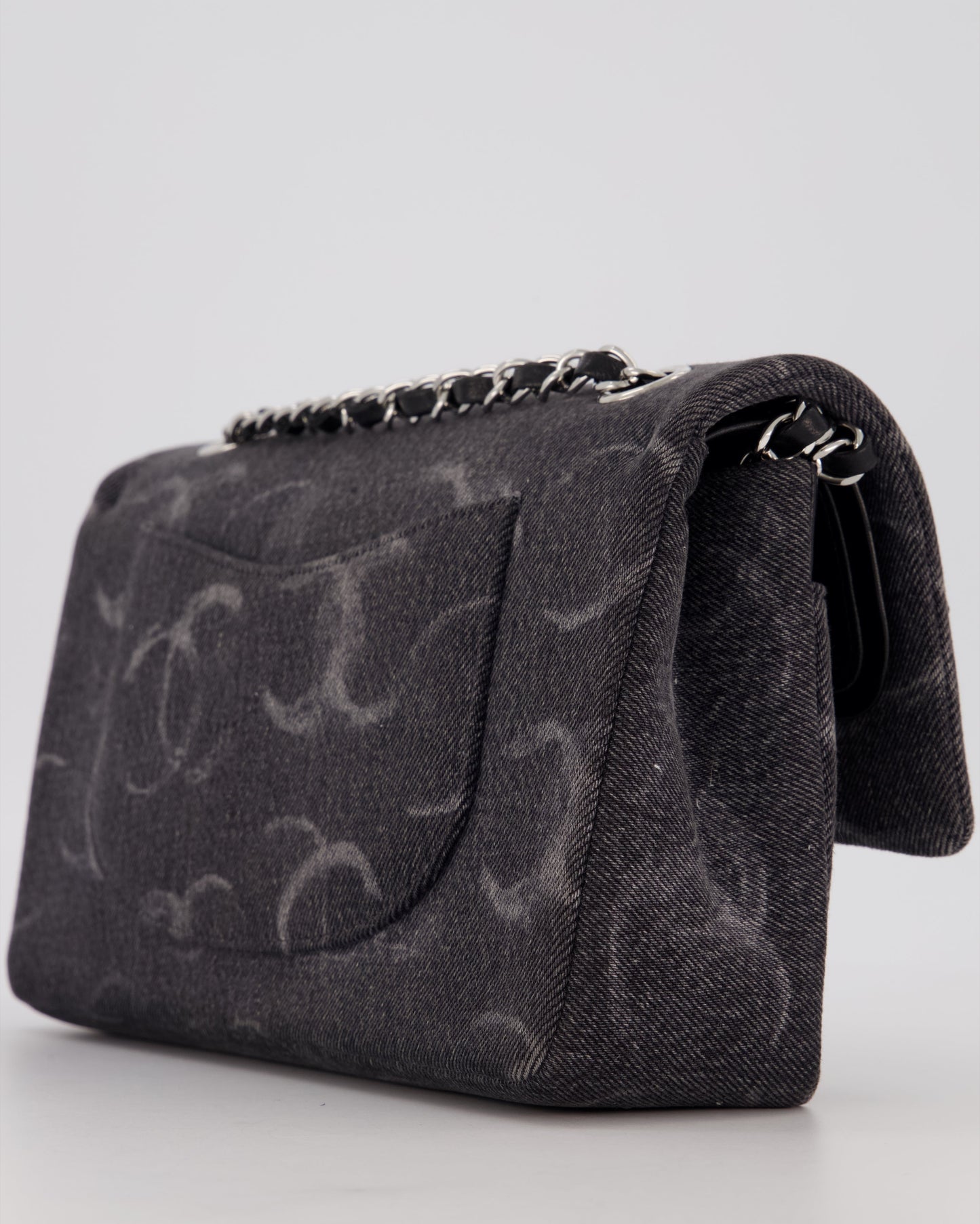Chanel Denim Charcoal Medium Double Flap Bag with Silver Hardware and Sequin CC Detail