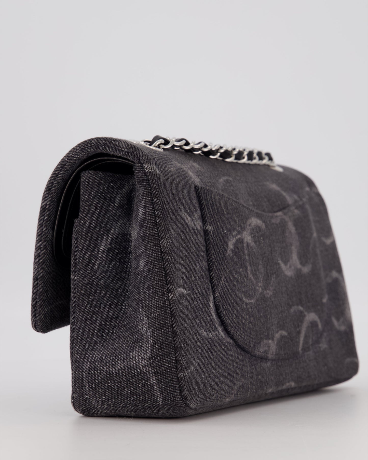 Chanel Denim Charcoal Medium Double Flap Bag with Silver Hardware and Sequin CC Detail