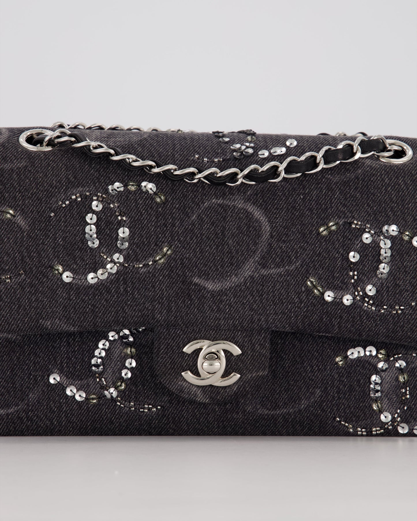 Chanel Denim Charcoal Medium Double Flap Bag with Silver Hardware and Sequin CC Detail