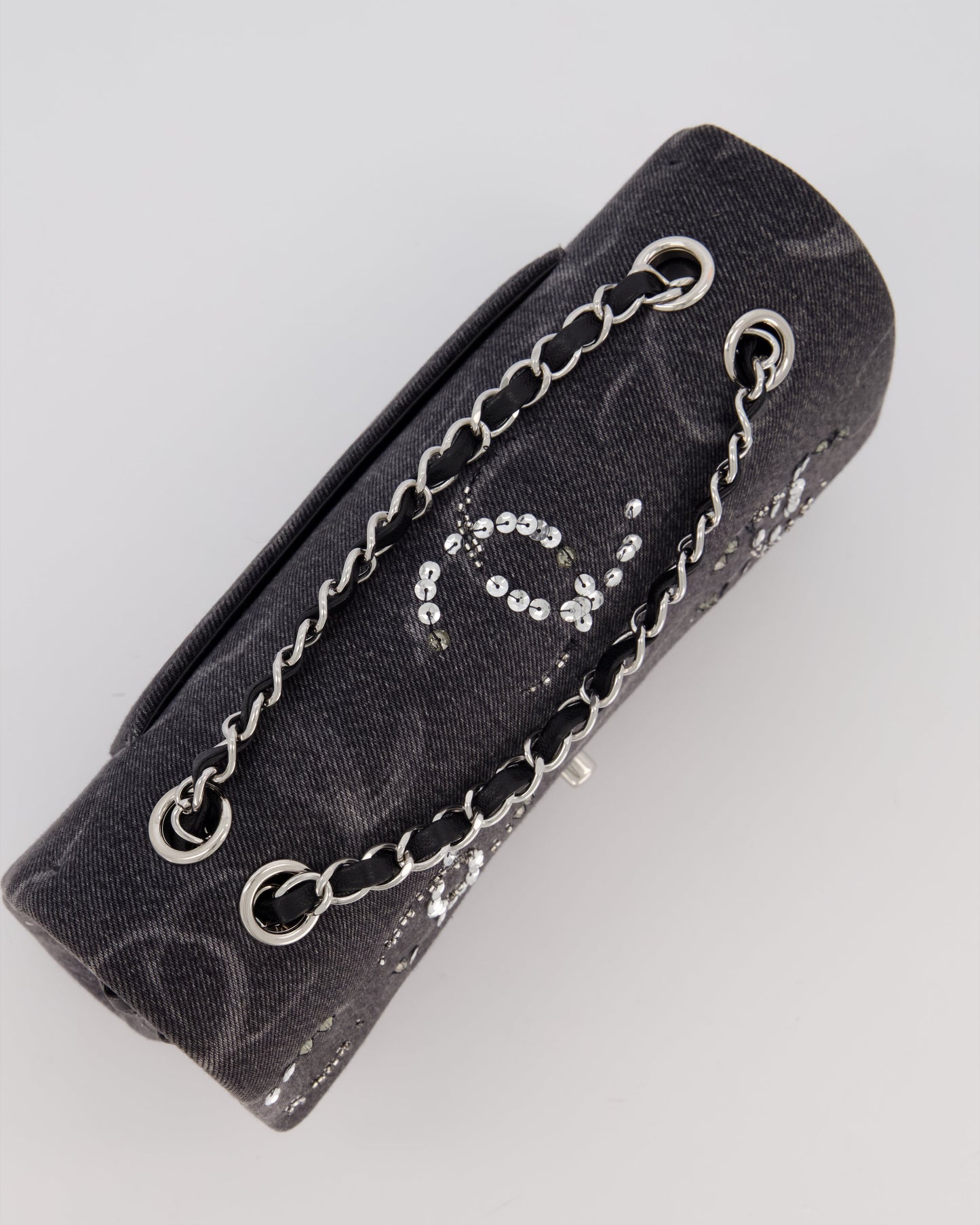 Chanel Denim Charcoal Medium Double Flap Bag with Silver Hardware and Sequin CC Detail