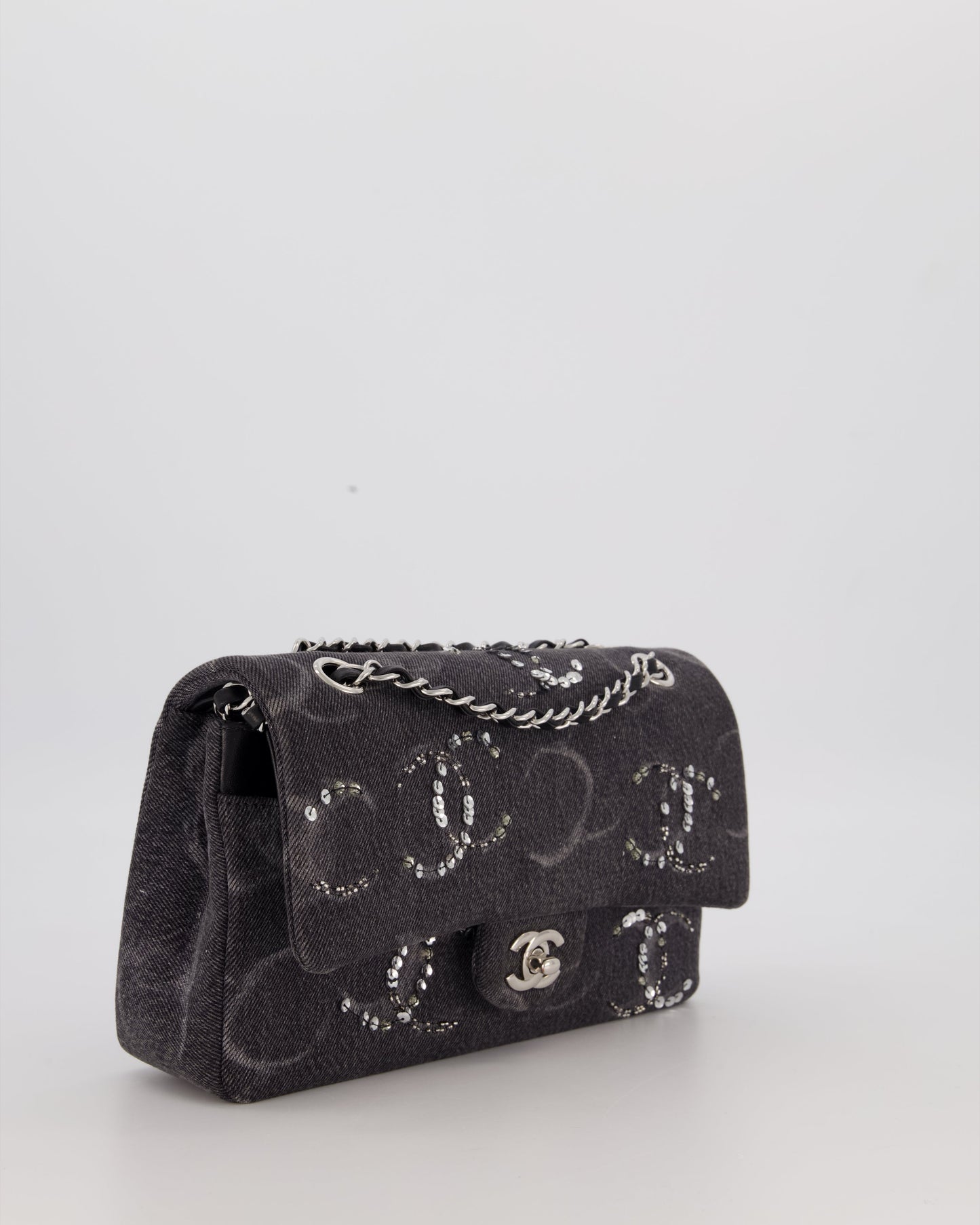 Chanel Denim Charcoal Medium Double Flap Bag with Silver Hardware and Sequin CC Detail