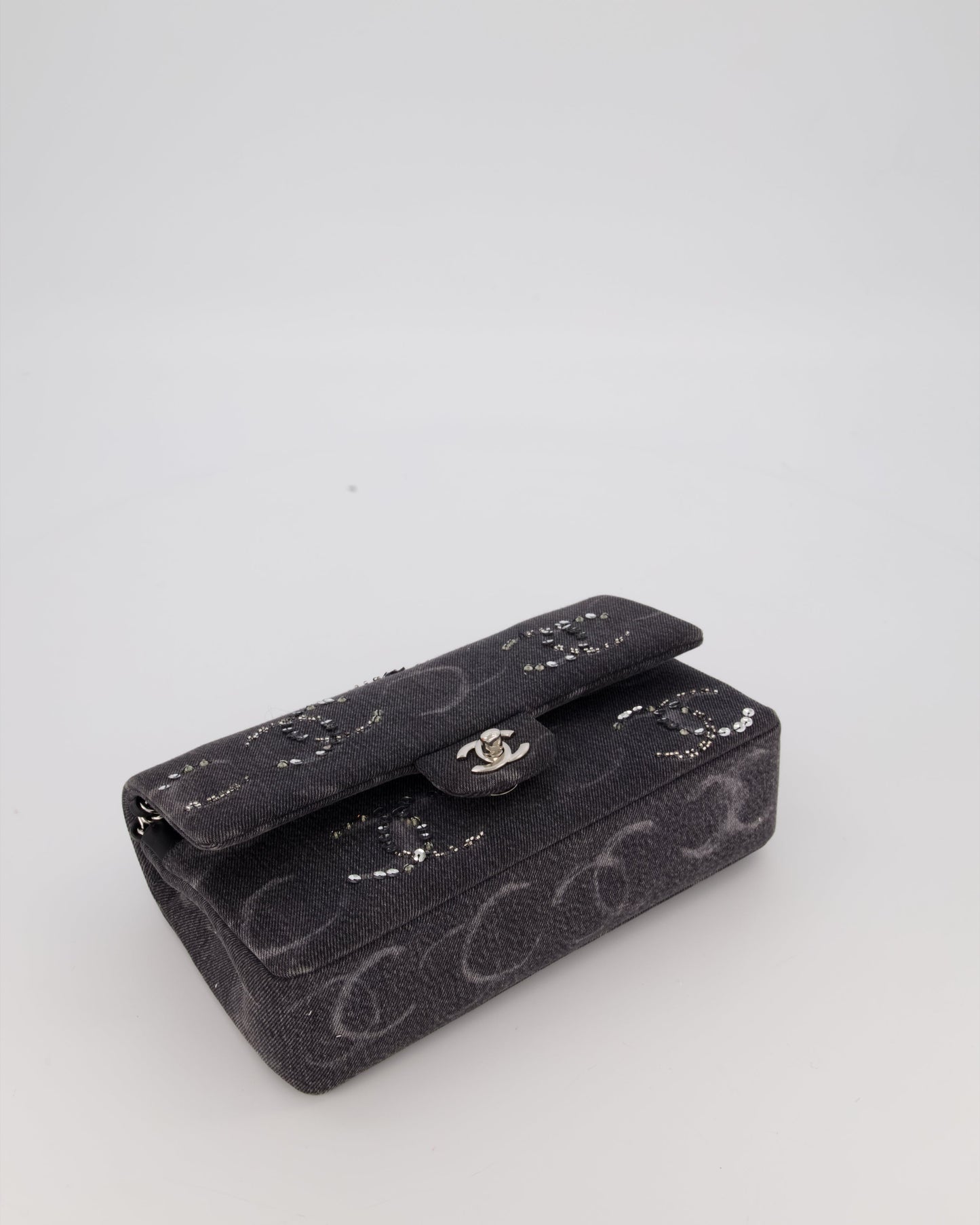 Chanel Denim Charcoal Medium Double Flap Bag with Silver Hardware and Sequin CC Detail