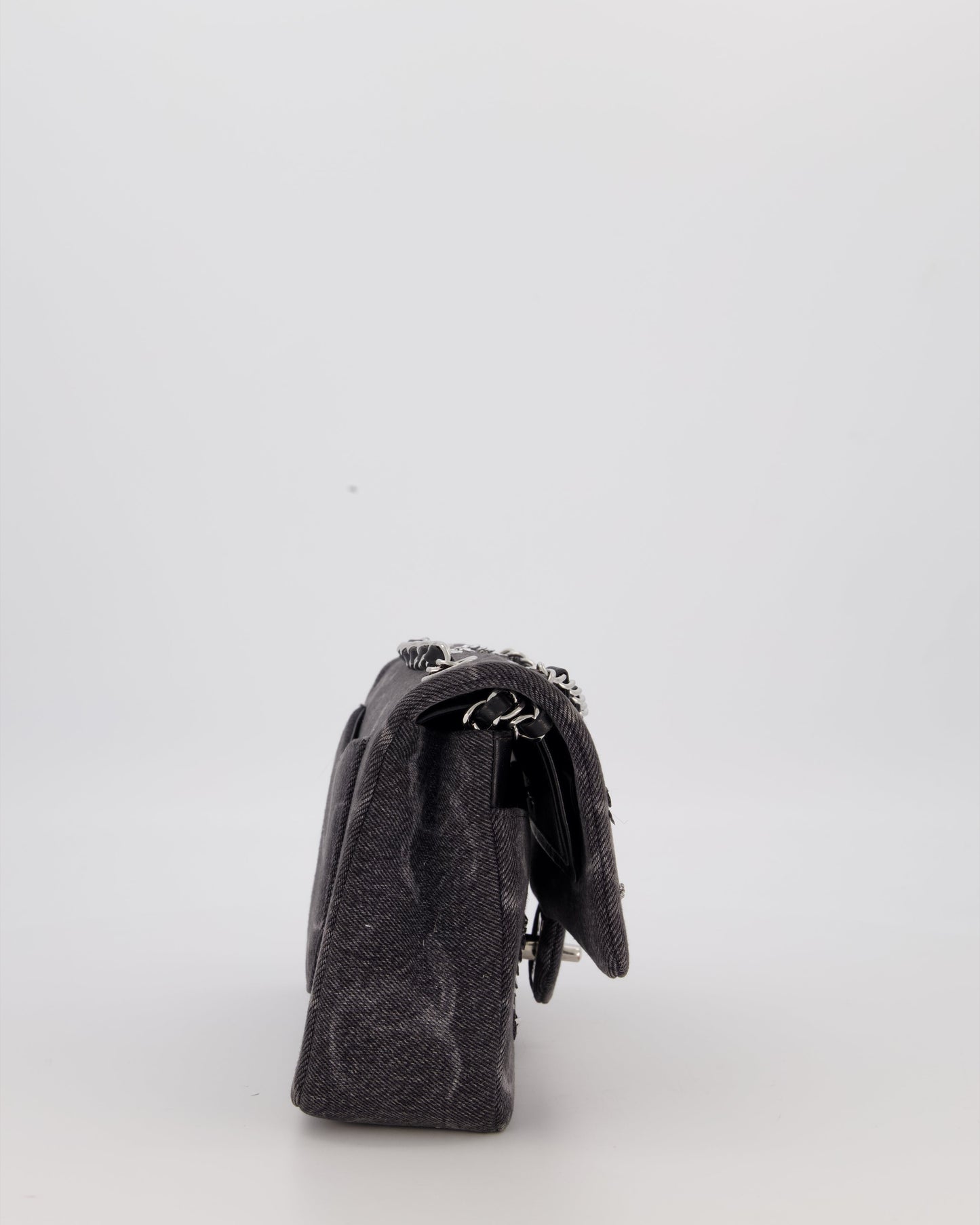 Chanel Denim Charcoal Medium Double Flap Bag with Silver Hardware and Sequin CC Detail