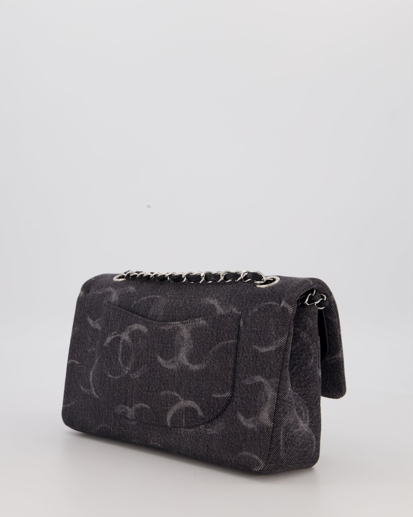 Chanel Denim Charcoal Medium Double Flap Bag with Silver Hardware and Sequin CC Detail