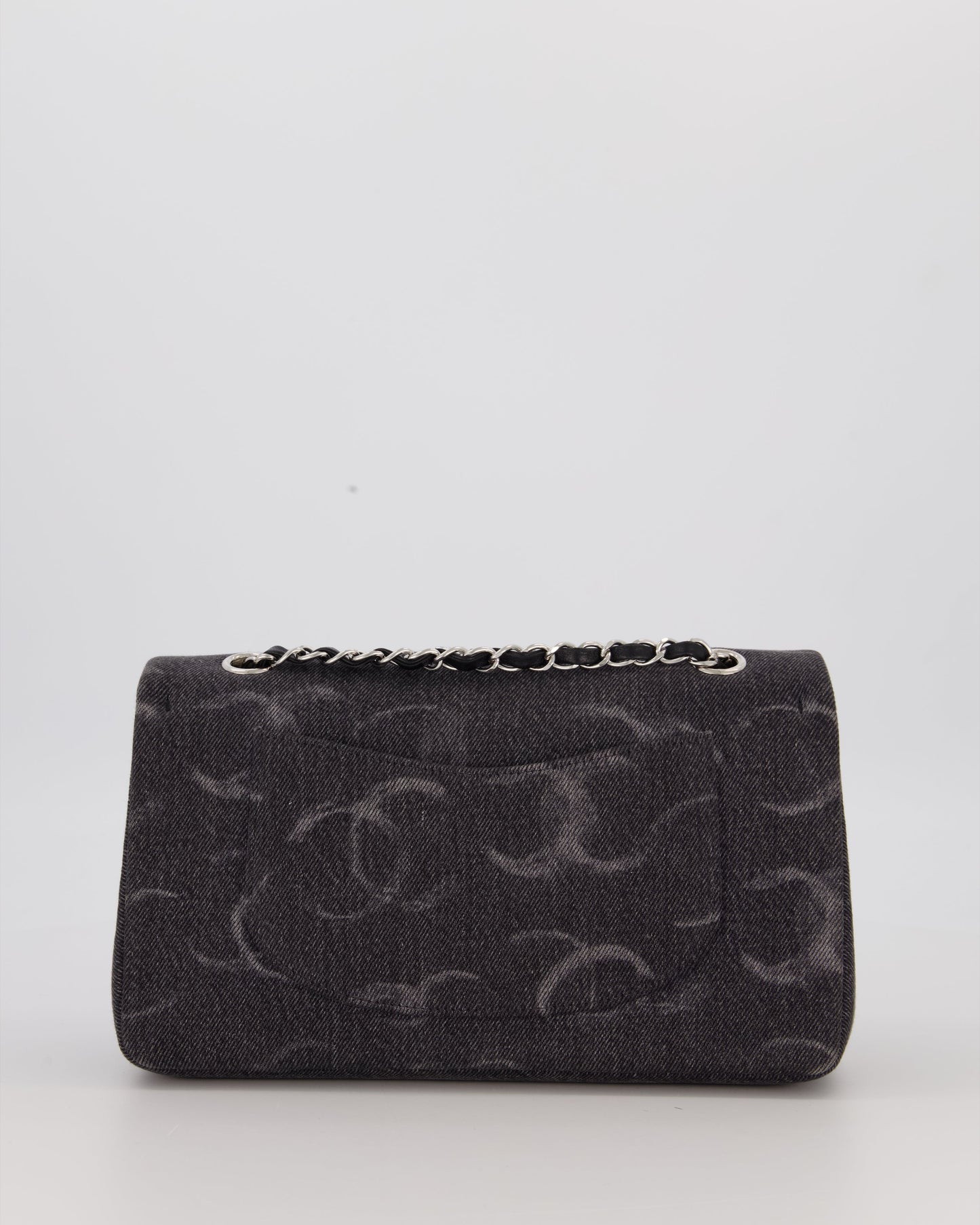 Chanel Denim Charcoal Medium Double Flap Bag with Silver Hardware and Sequin CC Detail