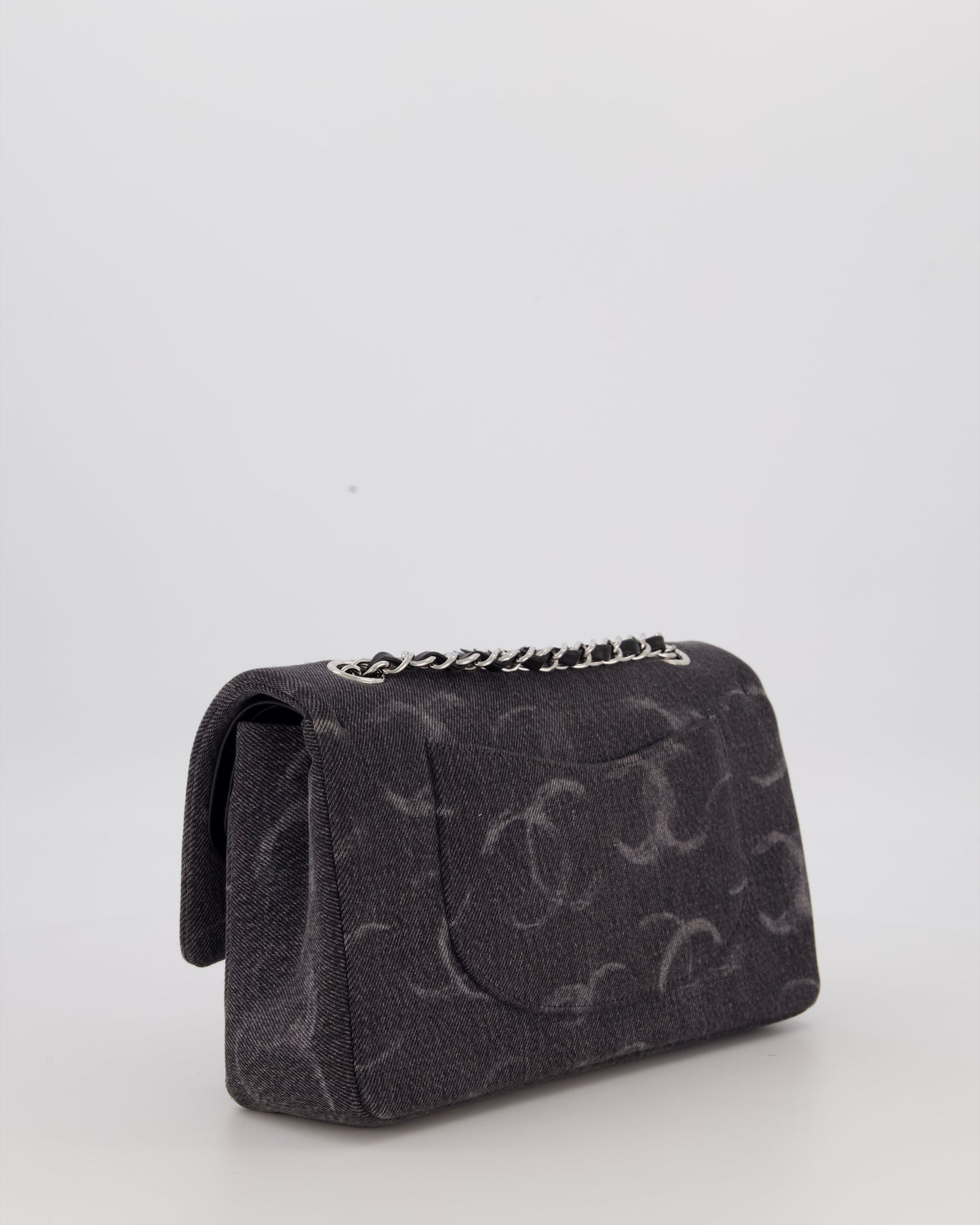Chanel Denim Charcoal Medium Double Flap Bag with Silver Hardware and Sequin CC Detail