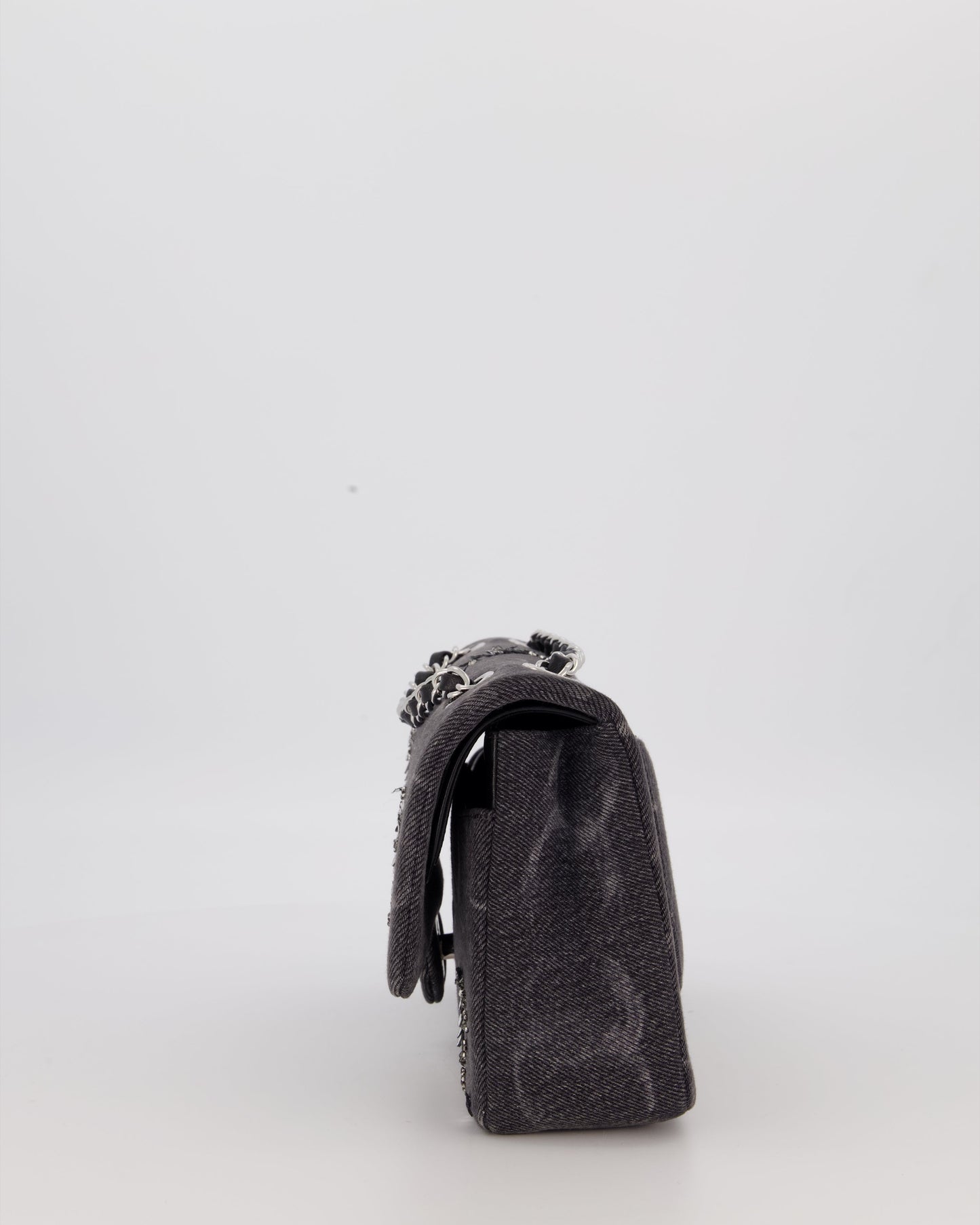 Chanel Denim Charcoal Medium Double Flap Bag with Silver Hardware and Sequin CC Detail