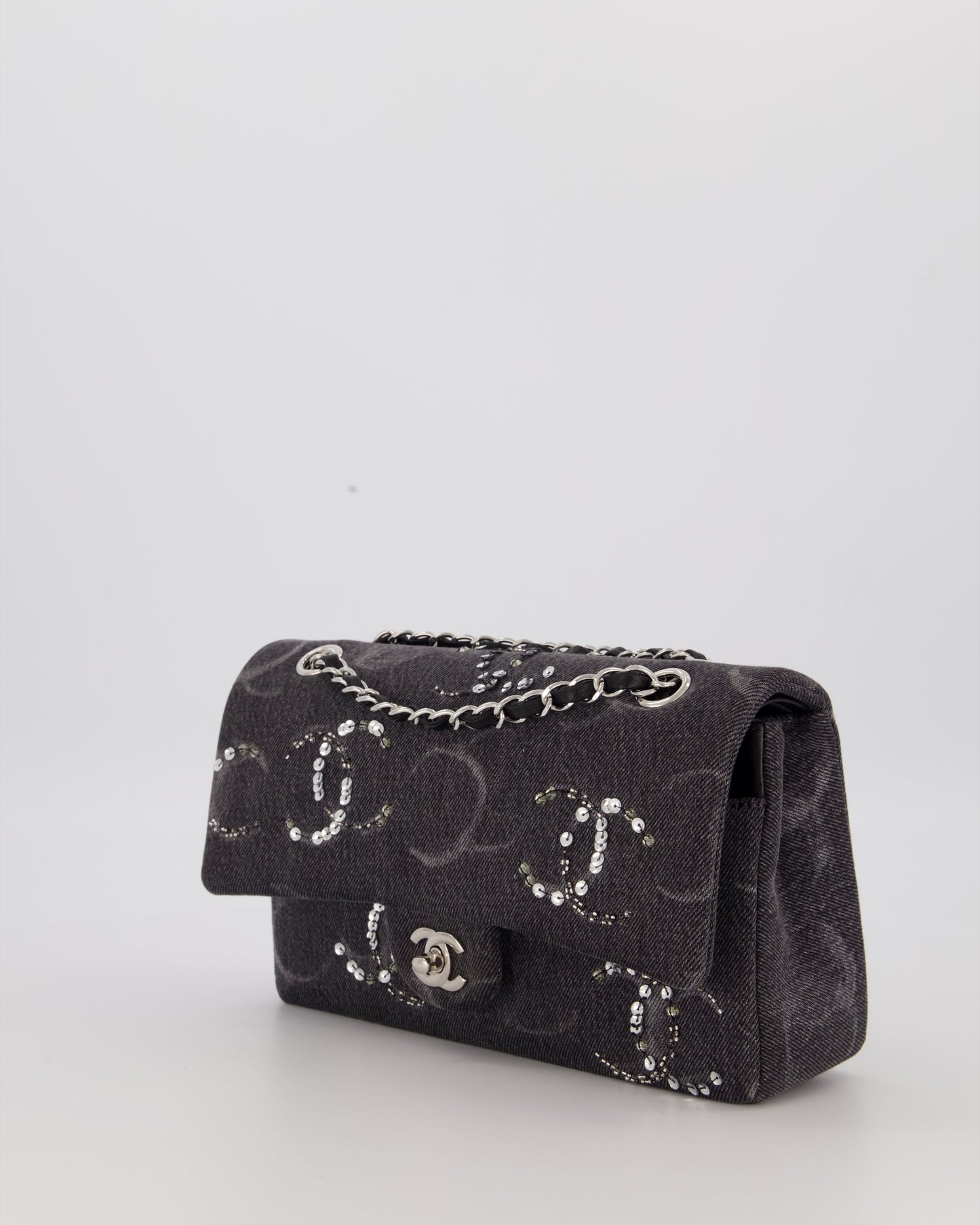 Chanel Denim Charcoal Medium Double Flap Bag with Silver Hardware and Sequin CC Detail