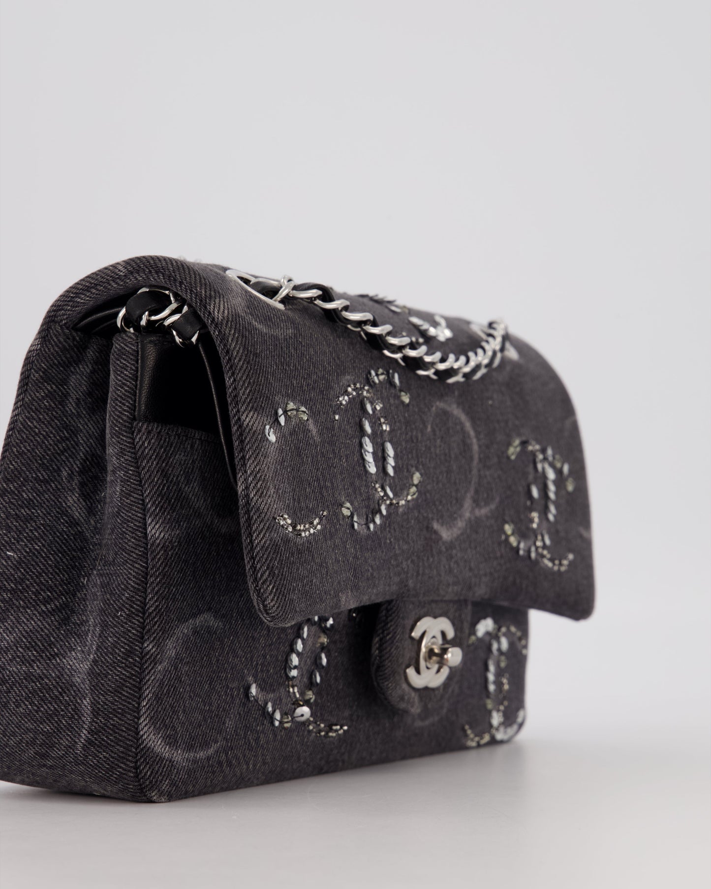 Chanel Denim Charcoal Medium Double Flap Bag with Silver Hardware and Sequin CC Detail