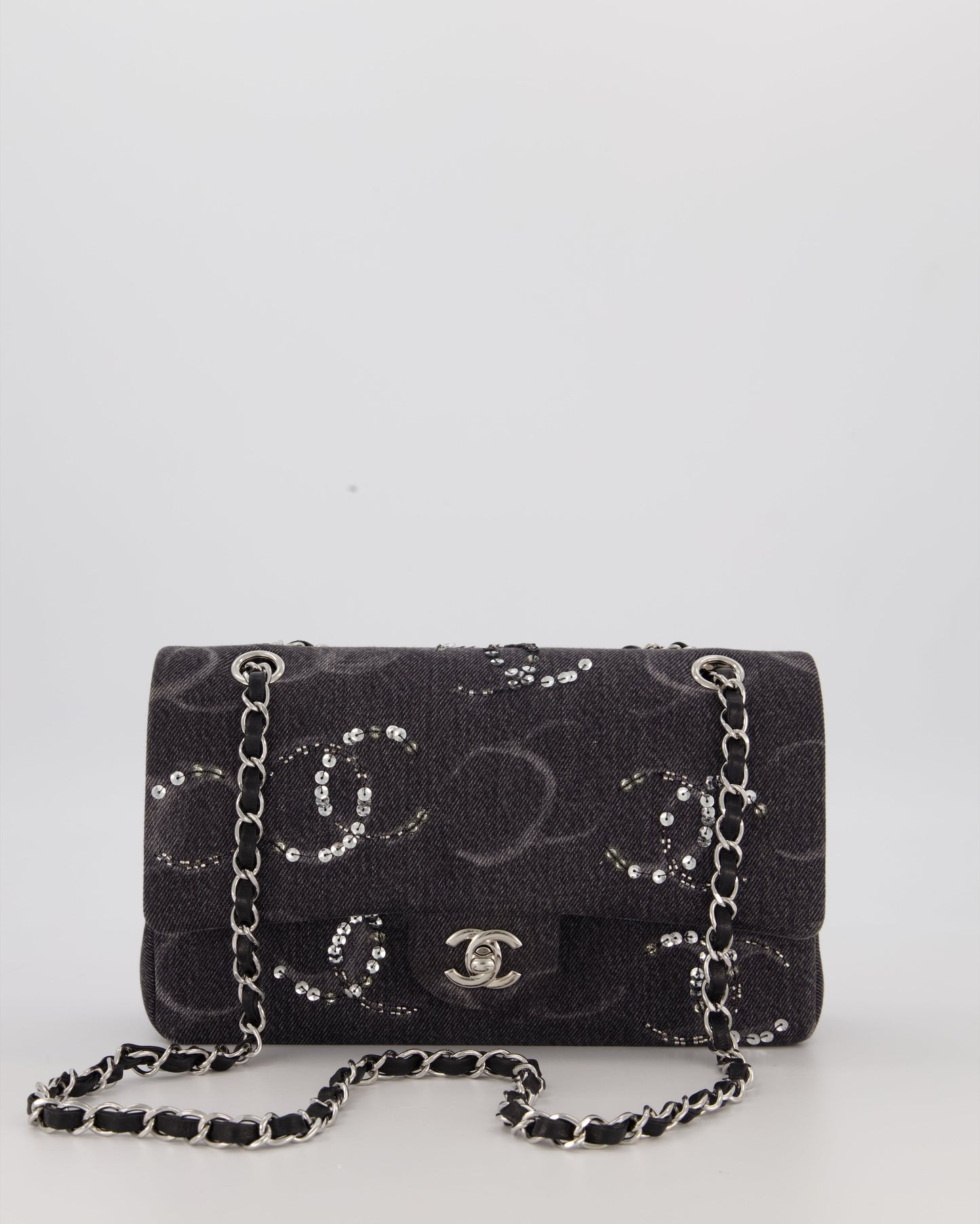 Chanel Denim Charcoal Medium Double Flap Bag with Silver Hardware and Sequin CC Detail