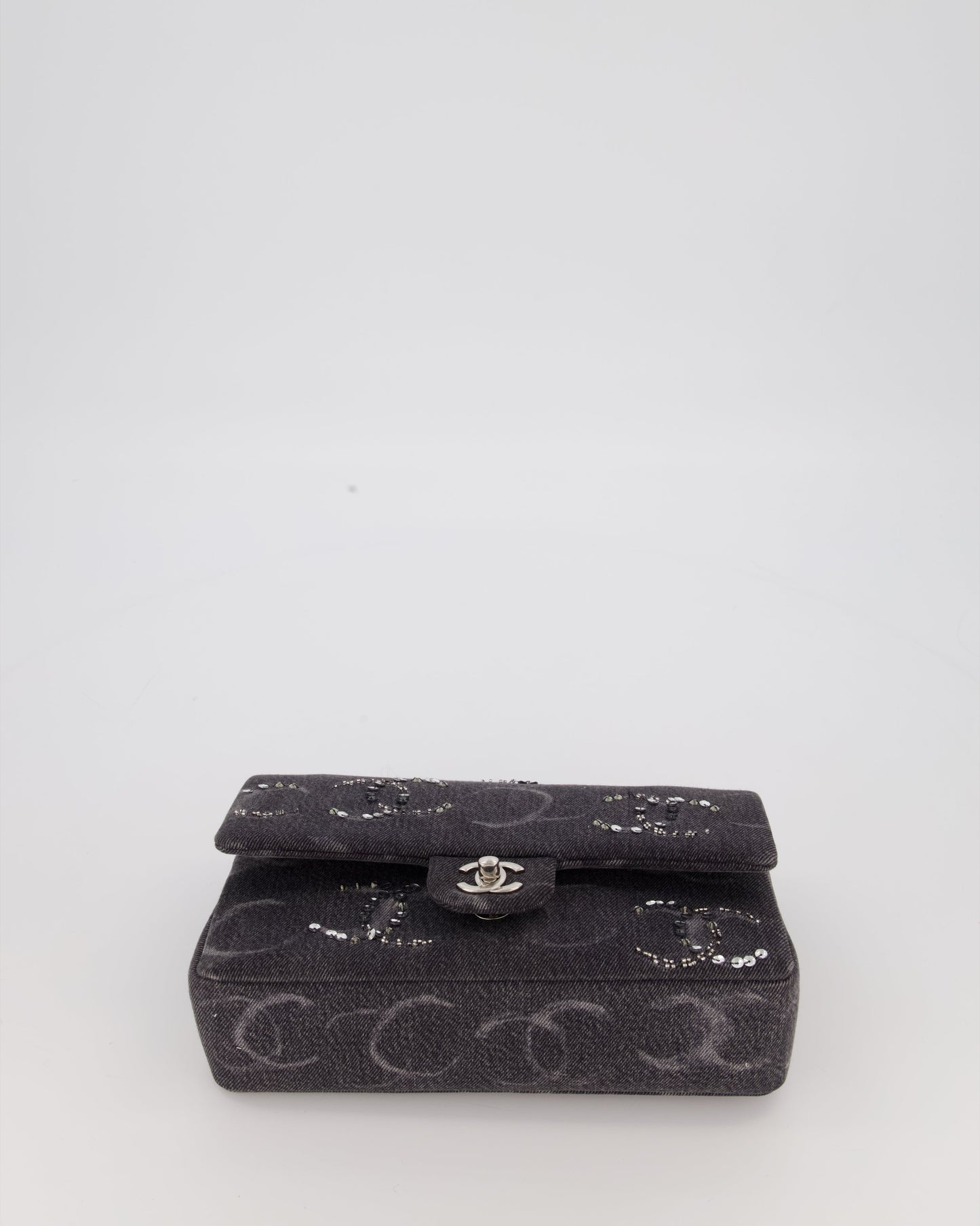 Chanel Denim Charcoal Medium Double Flap Bag with Silver Hardware and Sequin CC Detail