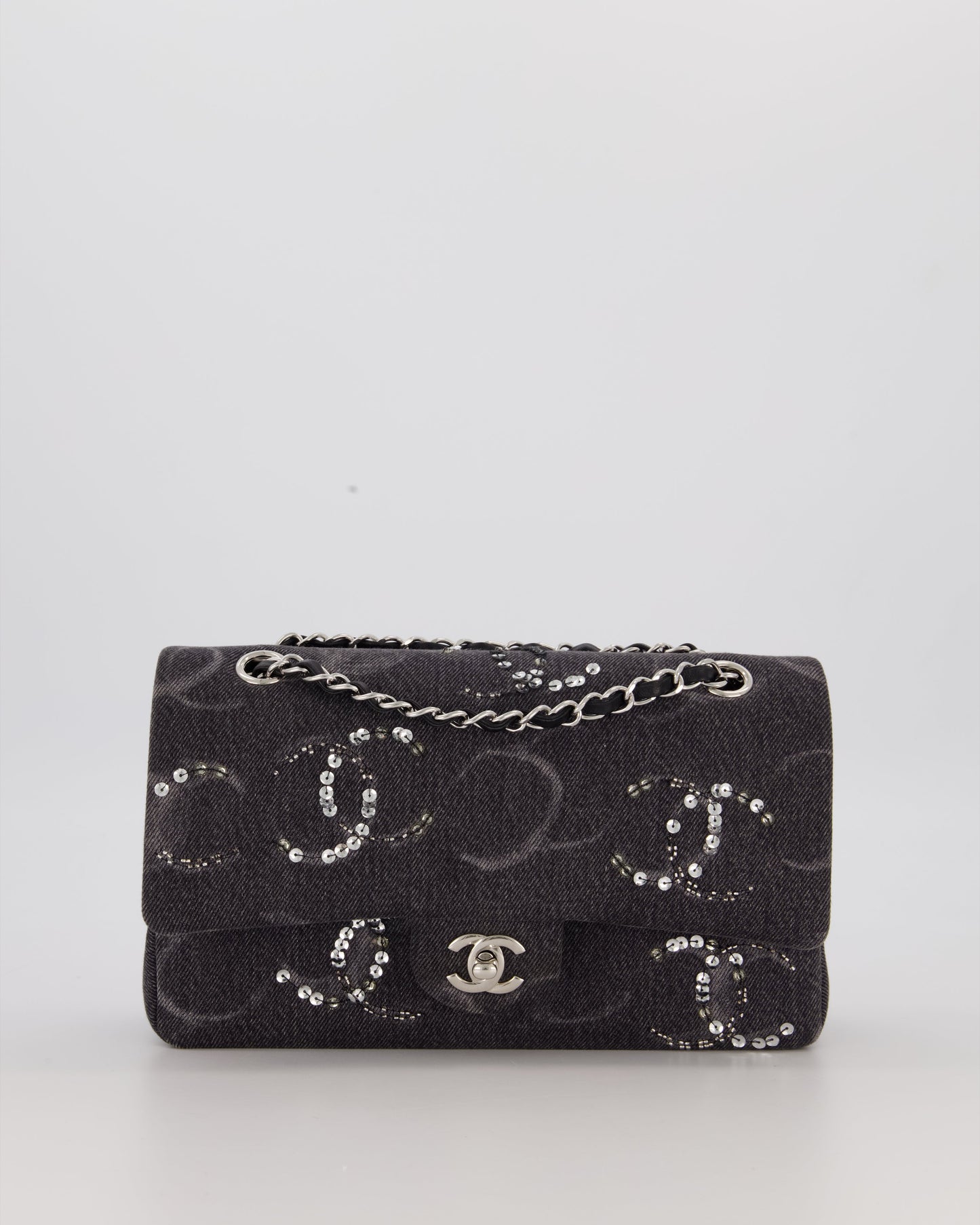 Chanel Denim Charcoal Medium Double Flap Bag with Silver Hardware and Sequin CC Detail