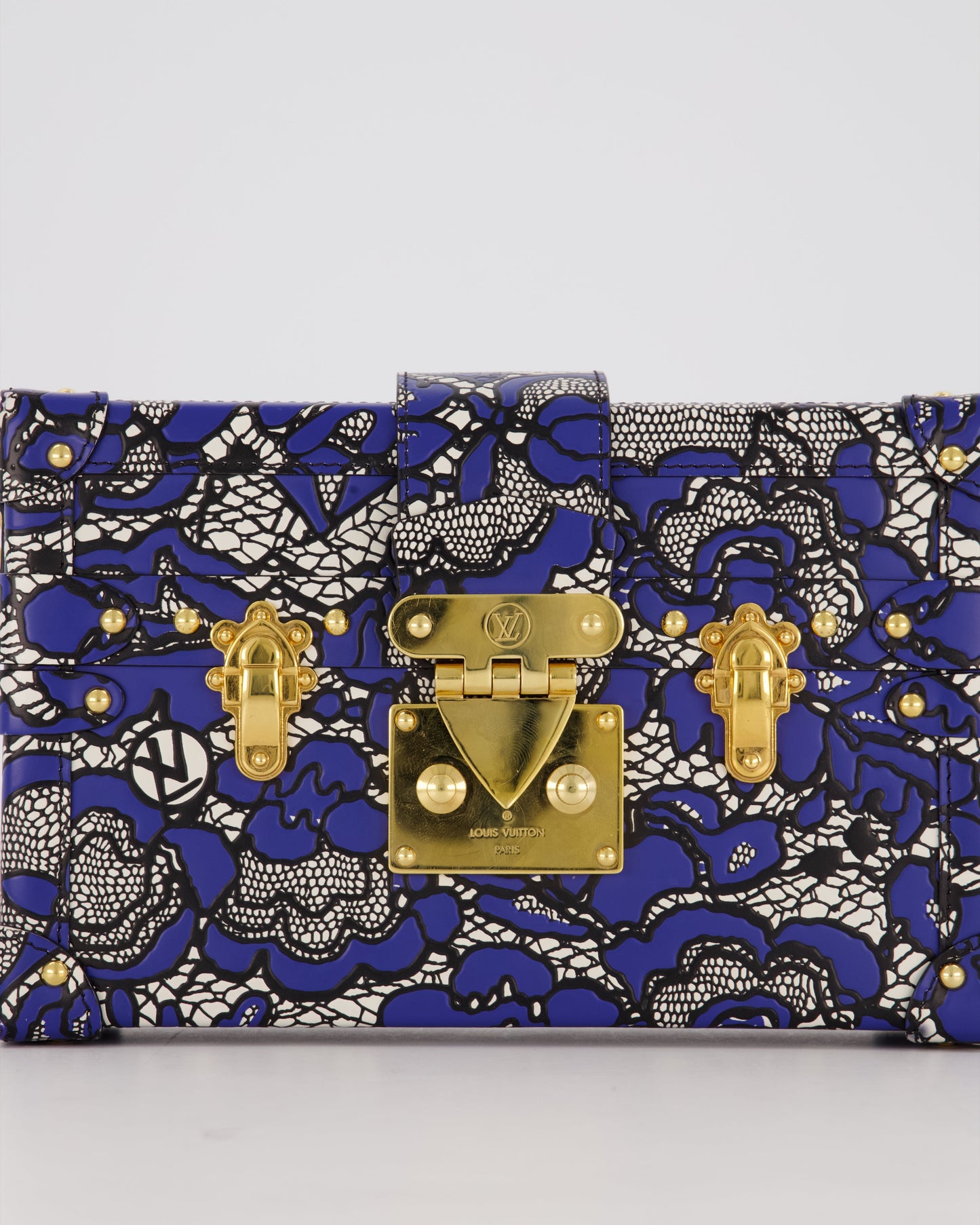 Louis Vuitton Blue Lace Floral Petite Malle Bag in Calfskin Leather With Gold Hardware