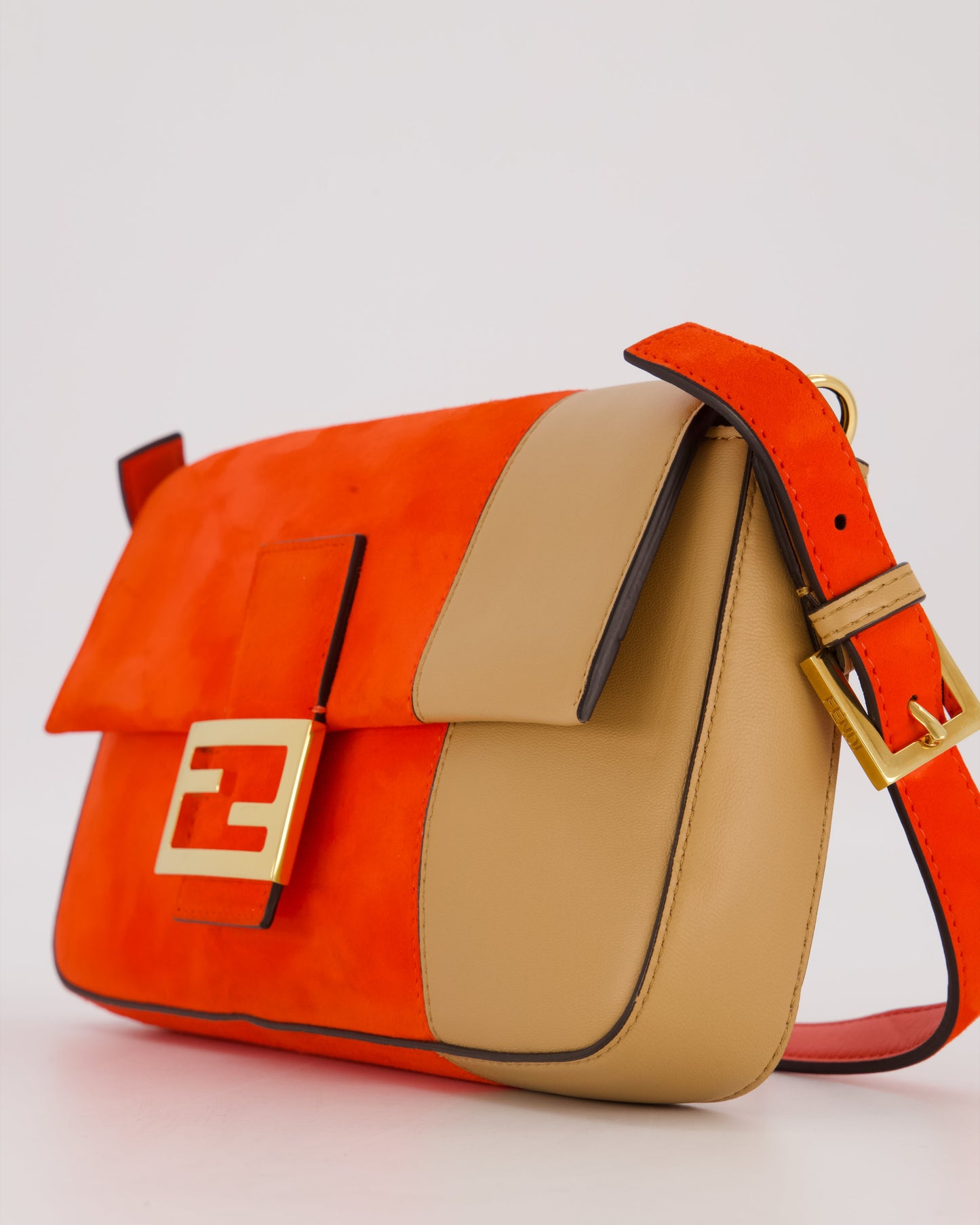 Fendi Fiery Orange and Beige Baguette 1997 Suede and Leather Contrasting Shoulder Bag with Gold Hardware
