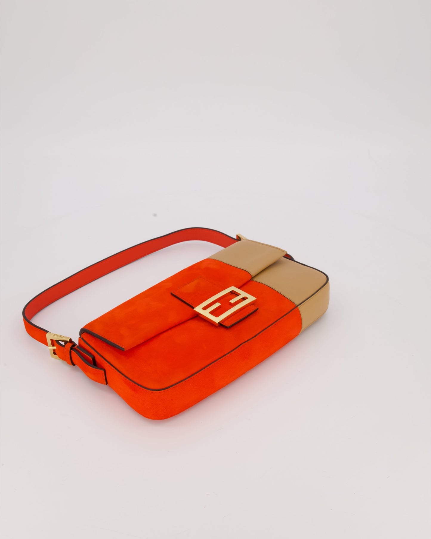 Fendi Fiery Orange and Beige Baguette 1997 Suede and Leather Contrasting Shoulder Bag with Gold Hardware