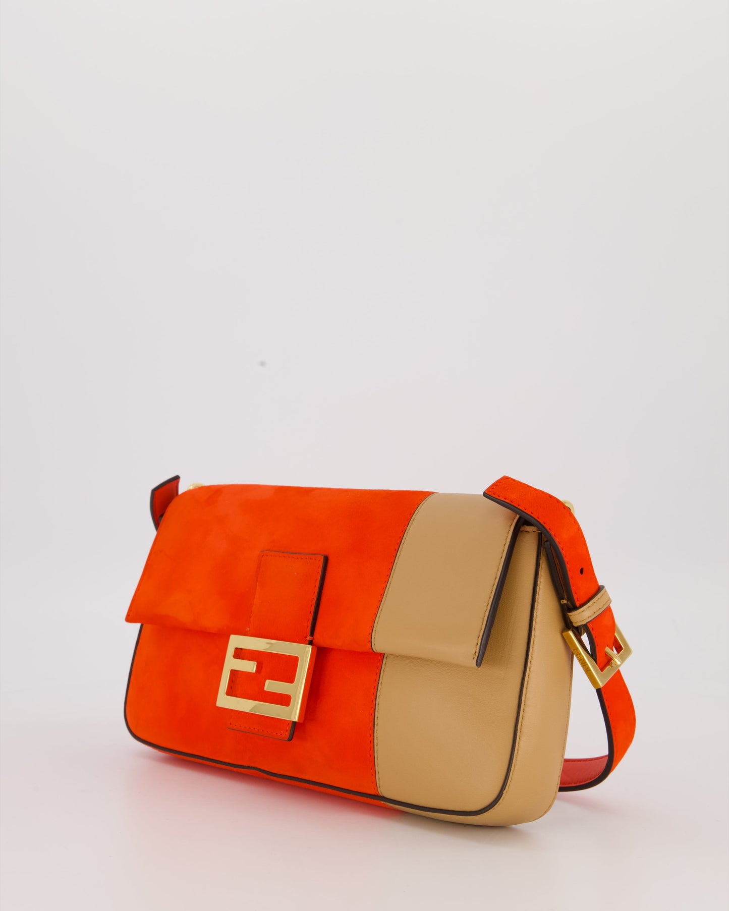 Fendi Fiery Orange and Beige Baguette 1997 Suede and Leather Contrasting Shoulder Bag with Gold Hardware