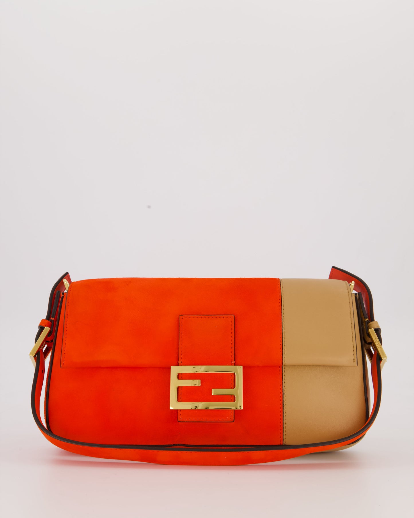 Fendi Fiery Orange and Beige Baguette 1997 Suede and Leather Contrasting Shoulder Bag with Gold Hardware