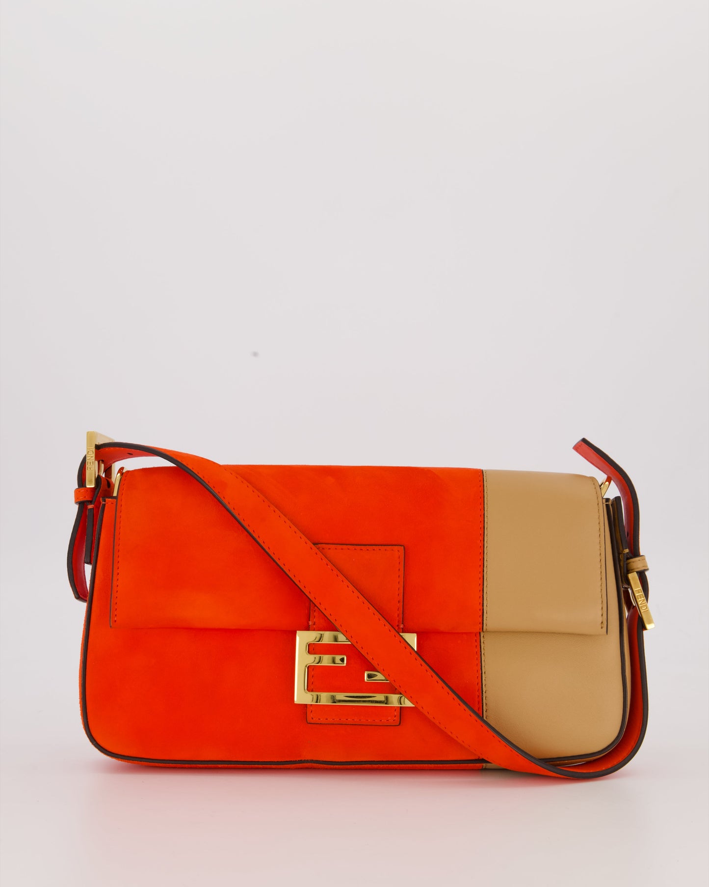 Fendi Fiery Orange and Beige Baguette 1997 Suede and Leather Contrasting Shoulder Bag with Gold Hardware