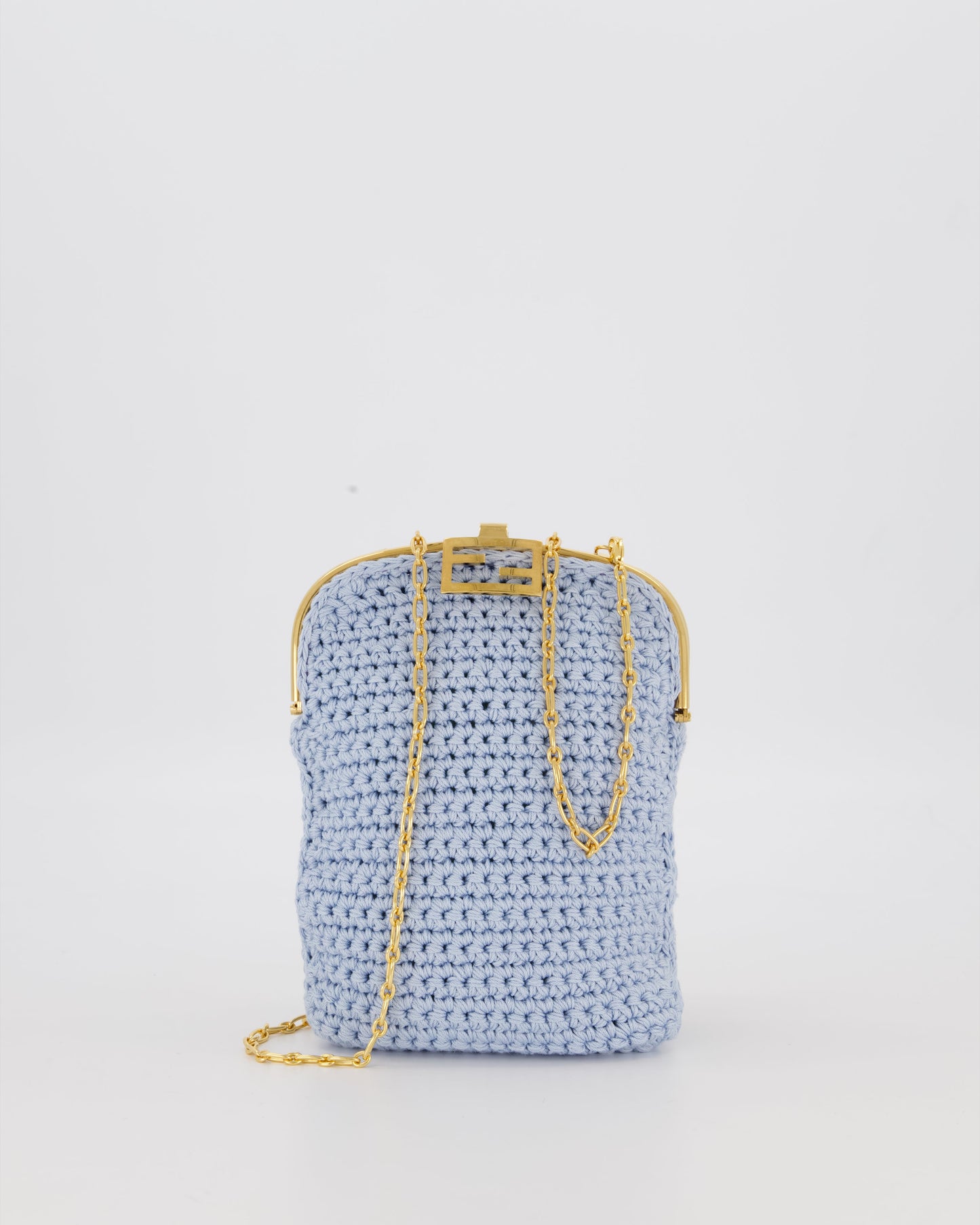 Fendi Sky Blue Baguette Phone Bag in Woven Crochet with Chain with Gold Hardware