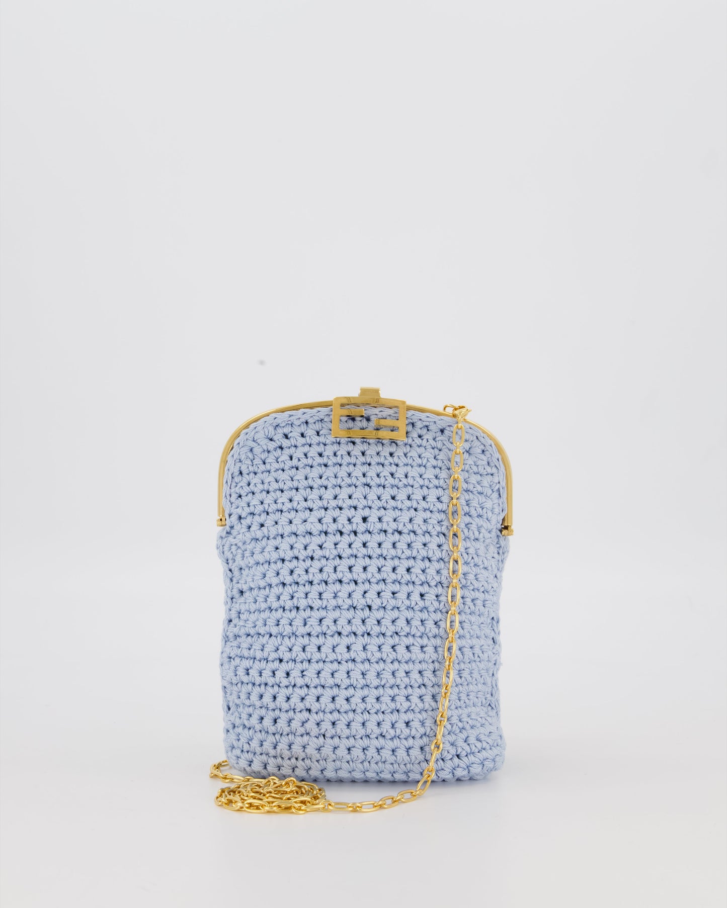 Fendi Sky Blue Baguette Phone Bag in Woven Crochet with Chain with Gold Hardware